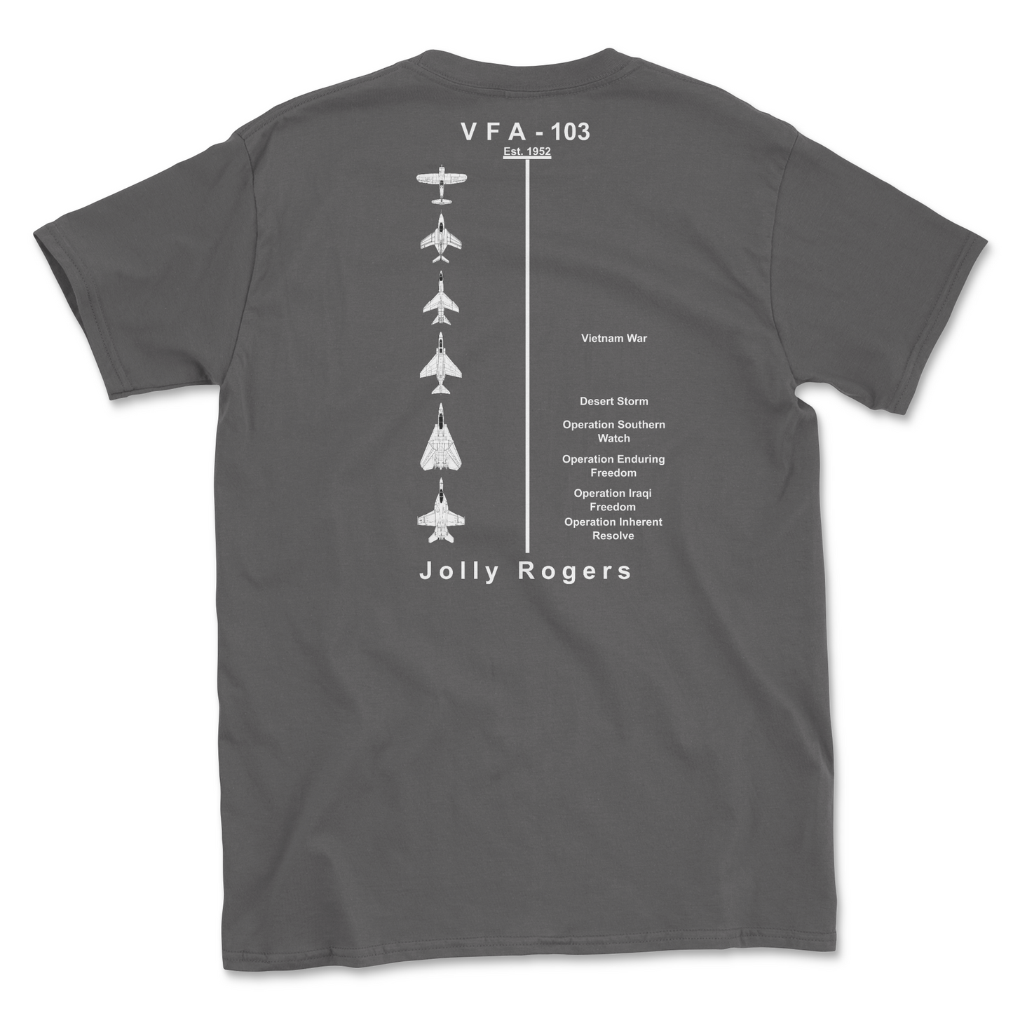 Charcoal t-shirt with squadron aircraft and supported combat.