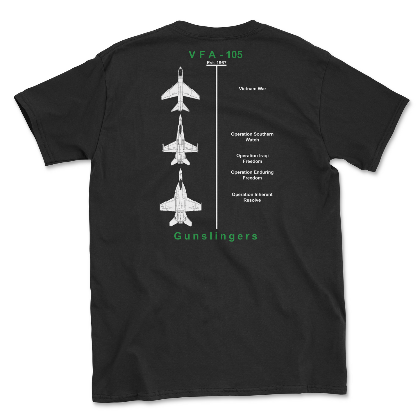 Black t-shirt with squadron aircraft and supported combat.