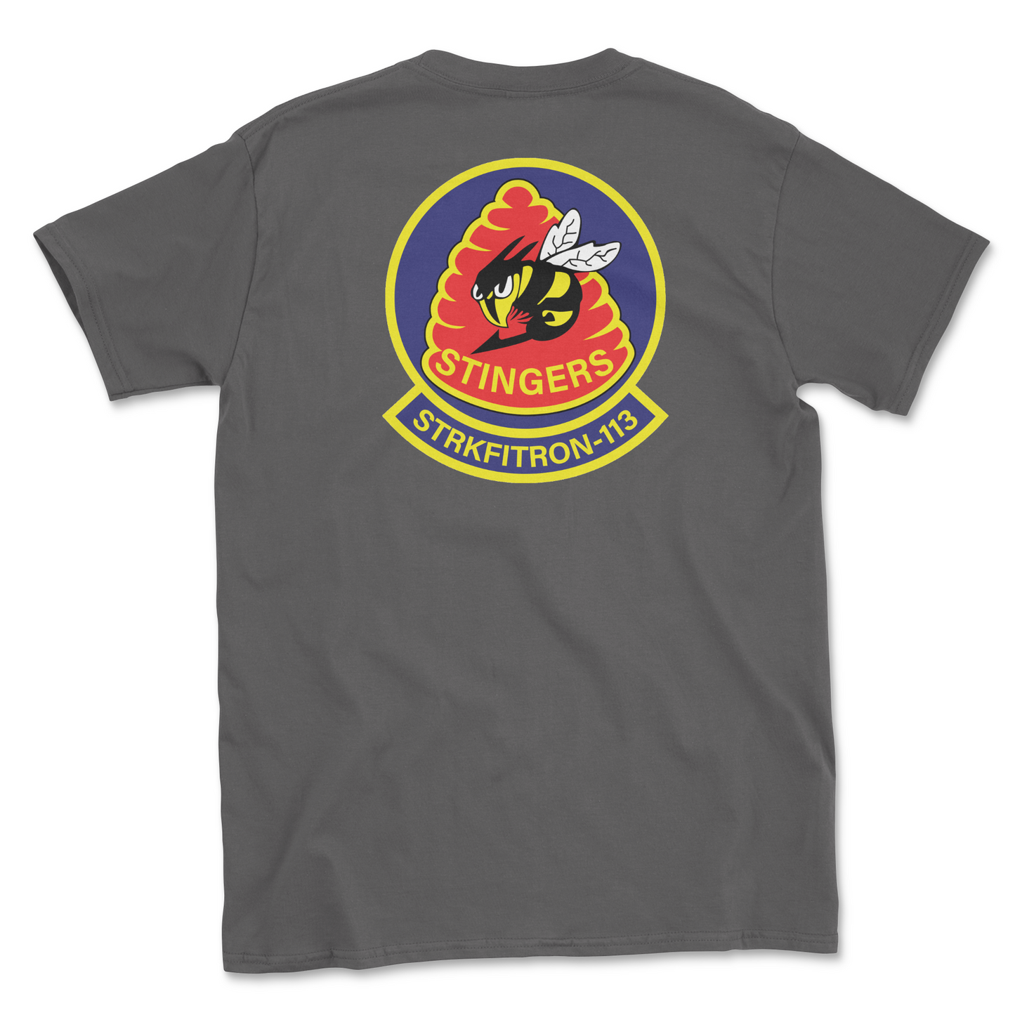Charcoal t-shirt with squadron patch.
