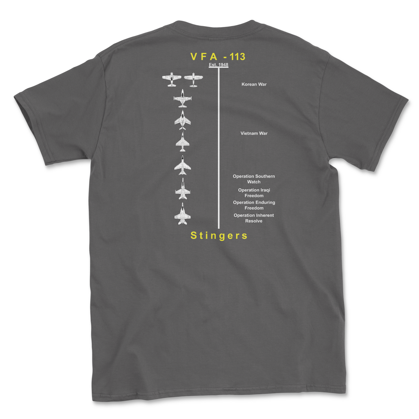 Charcoal t-shirt with squadron aircraft and supported combat.