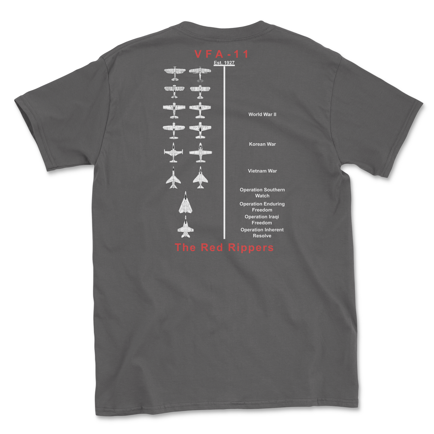 Charcoal t-shirt with squadron aircraft and supported combat.
