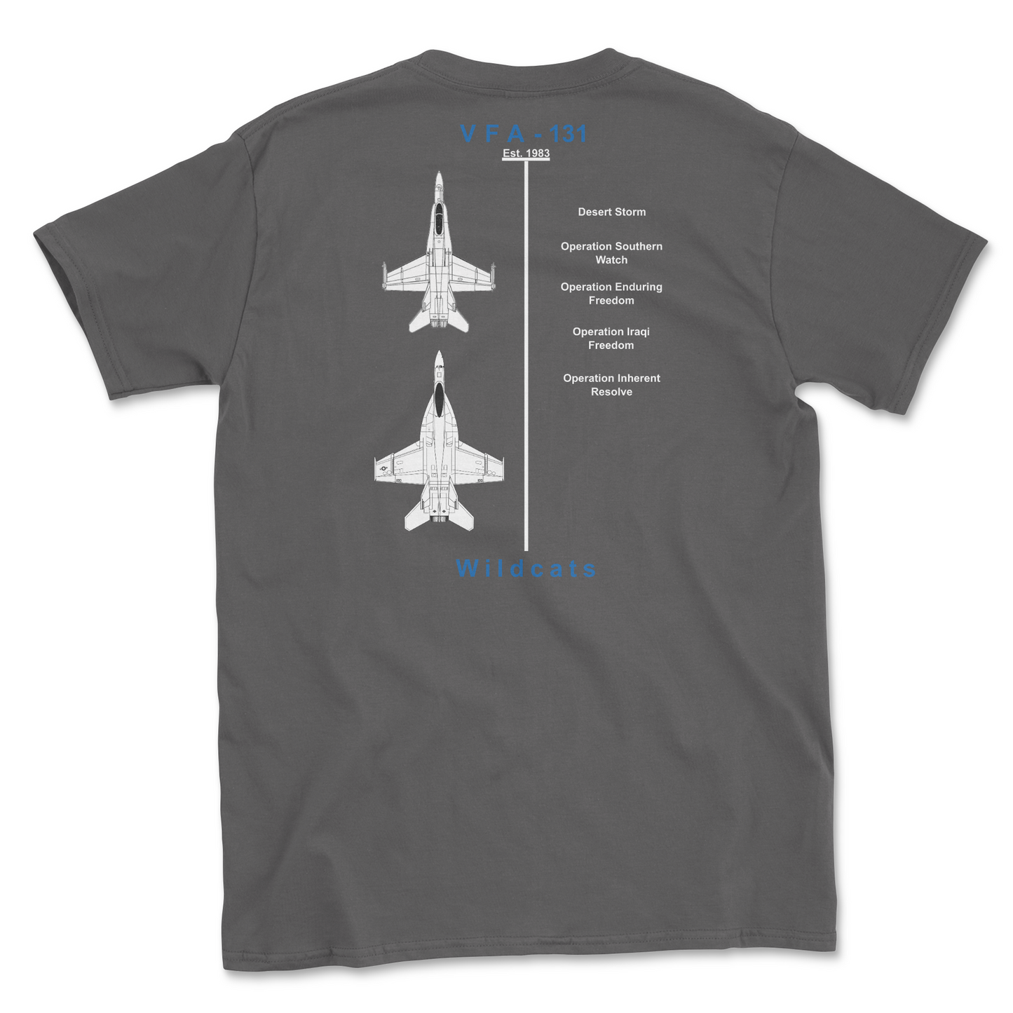 Charcoal t-shirt with squadron aircraft and supported combat.