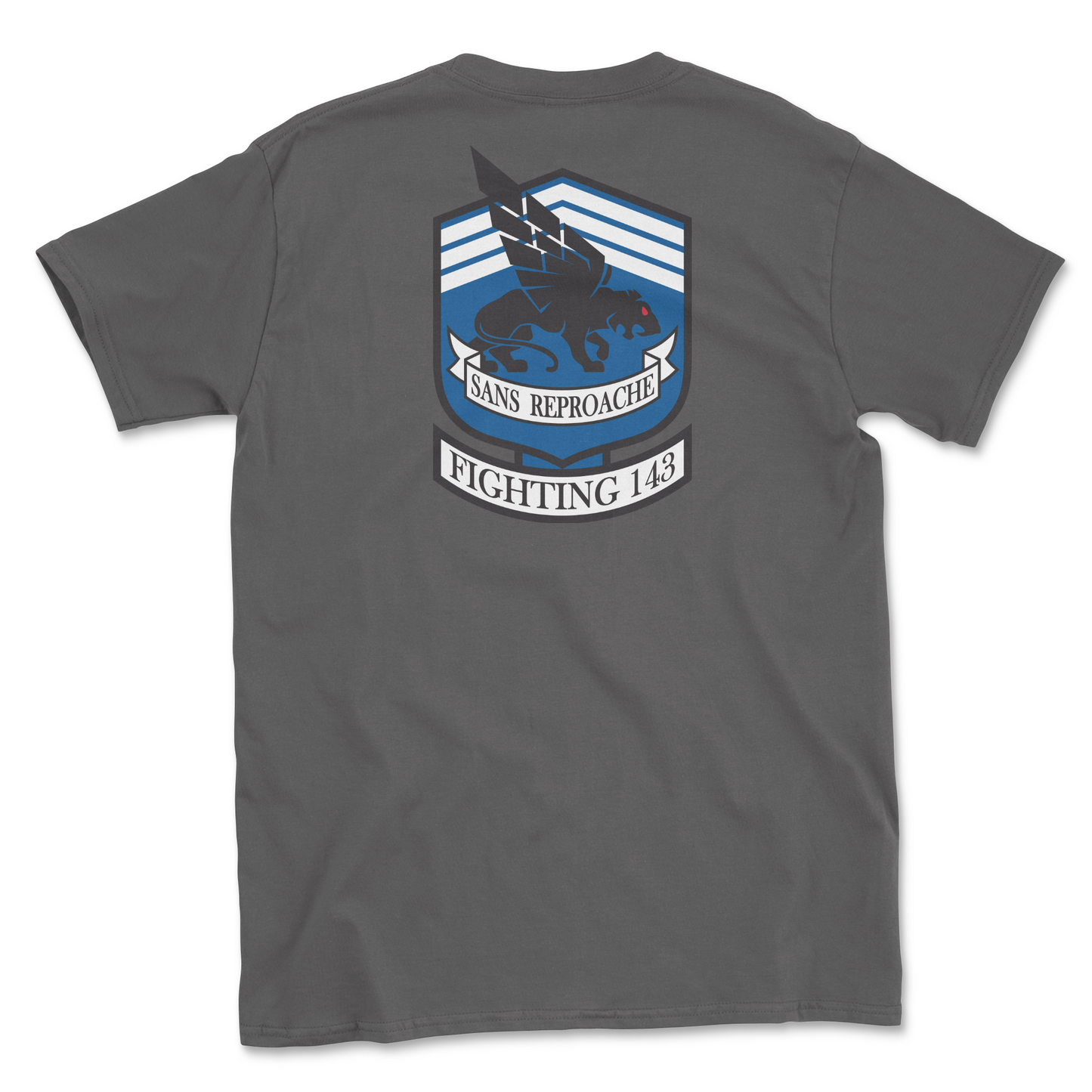 Charcoal t-shirt with squadron patch.