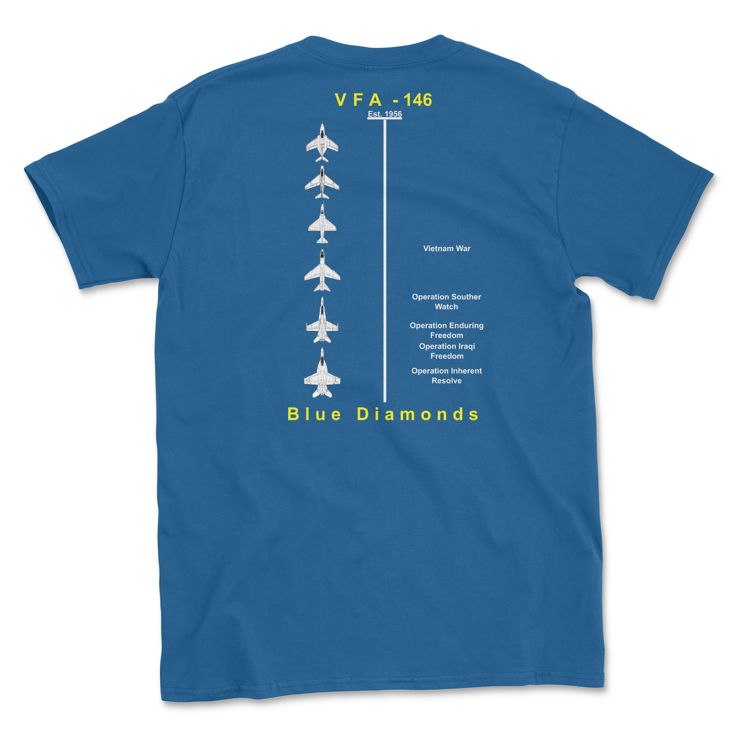 Royal blue t-shirt with squadron aircraft and supported combat.