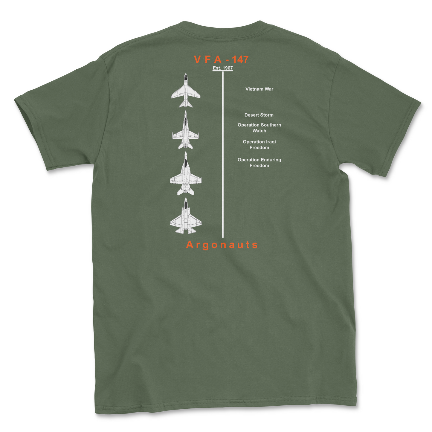 Military green t-shirt with squadron aircraft and supported combat.