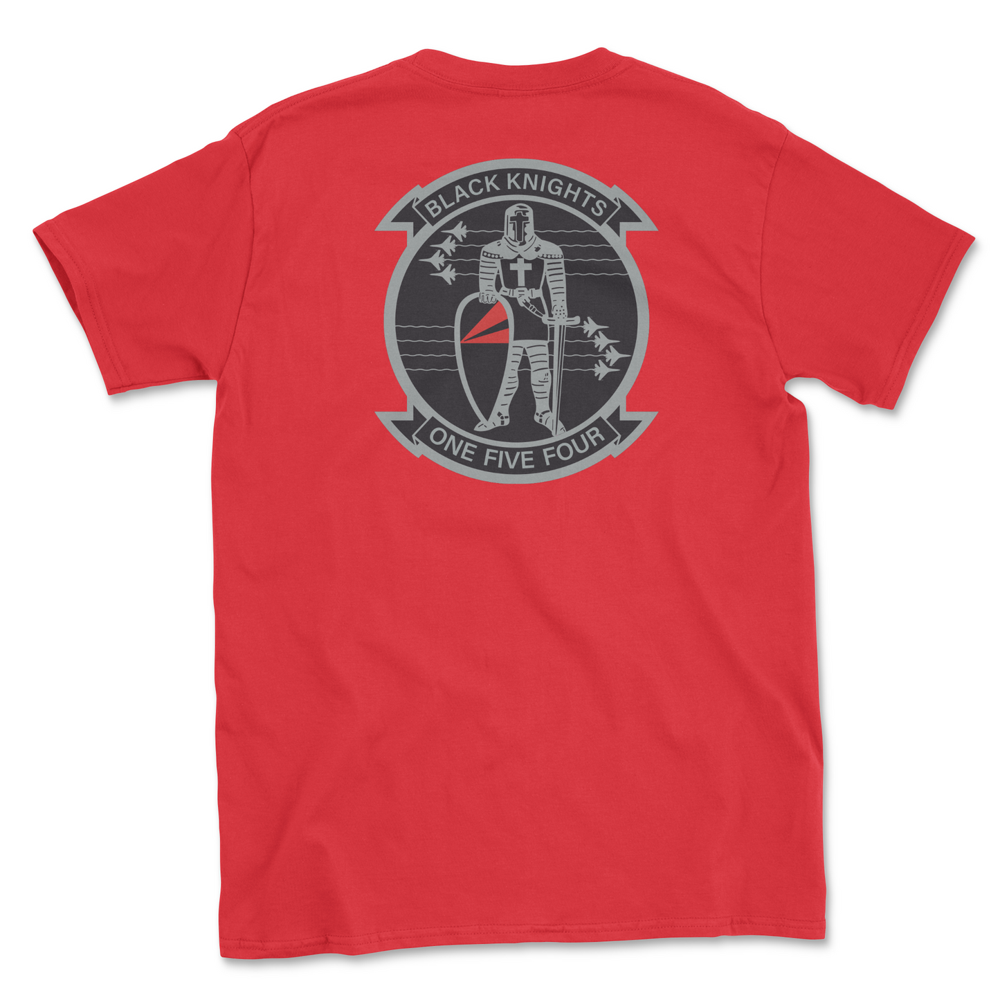 Red t-shirt with squadron patch.