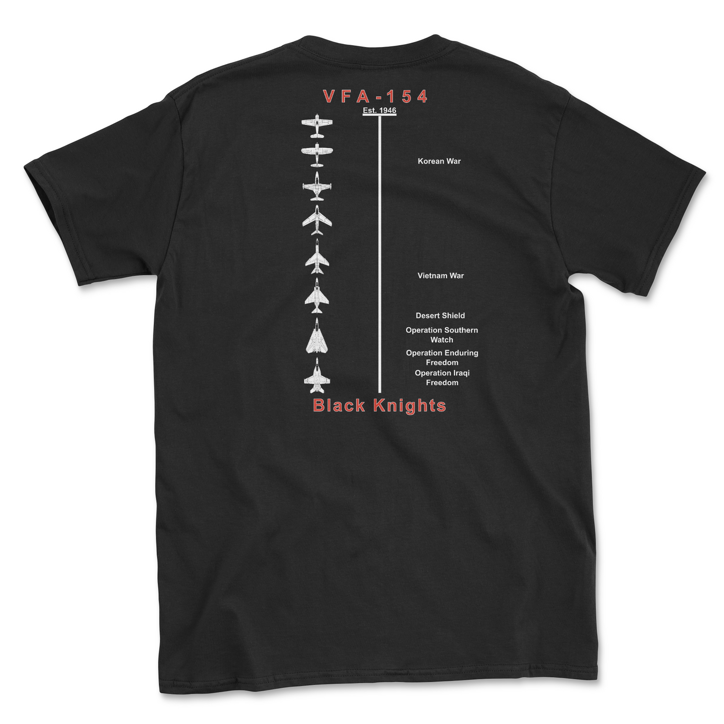 Black t-shirt with squadron aircraft and supported combat.