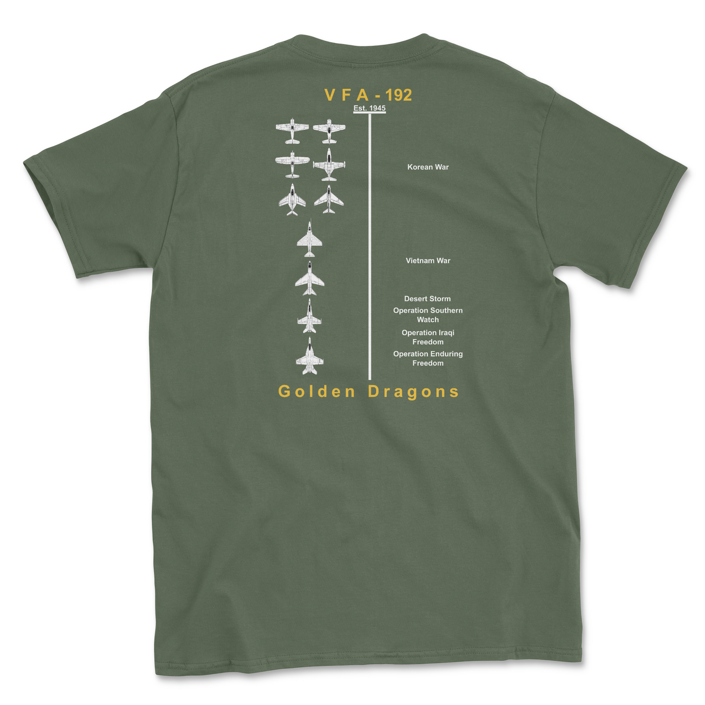 Military green t-shirt with squadron aircraft and supported combat.