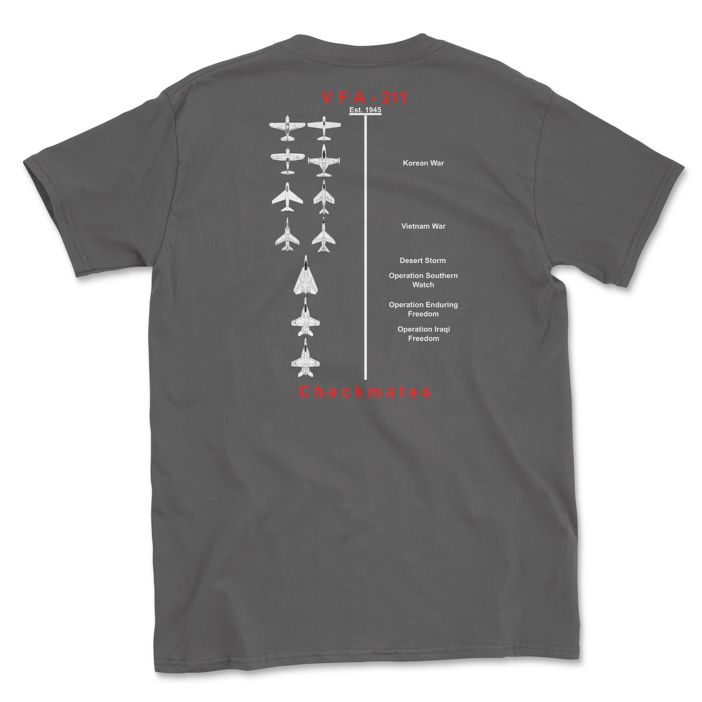Charcoal t-shirt with squadron aircraft and supported combat.