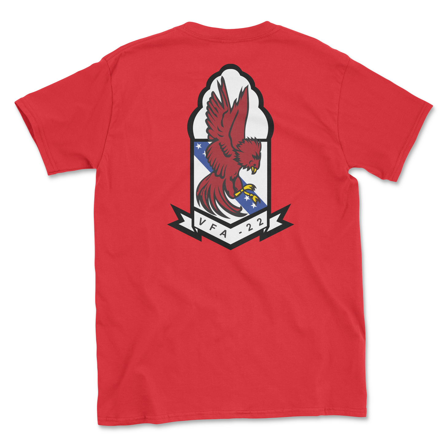 Red t-shirt with squadron patch.