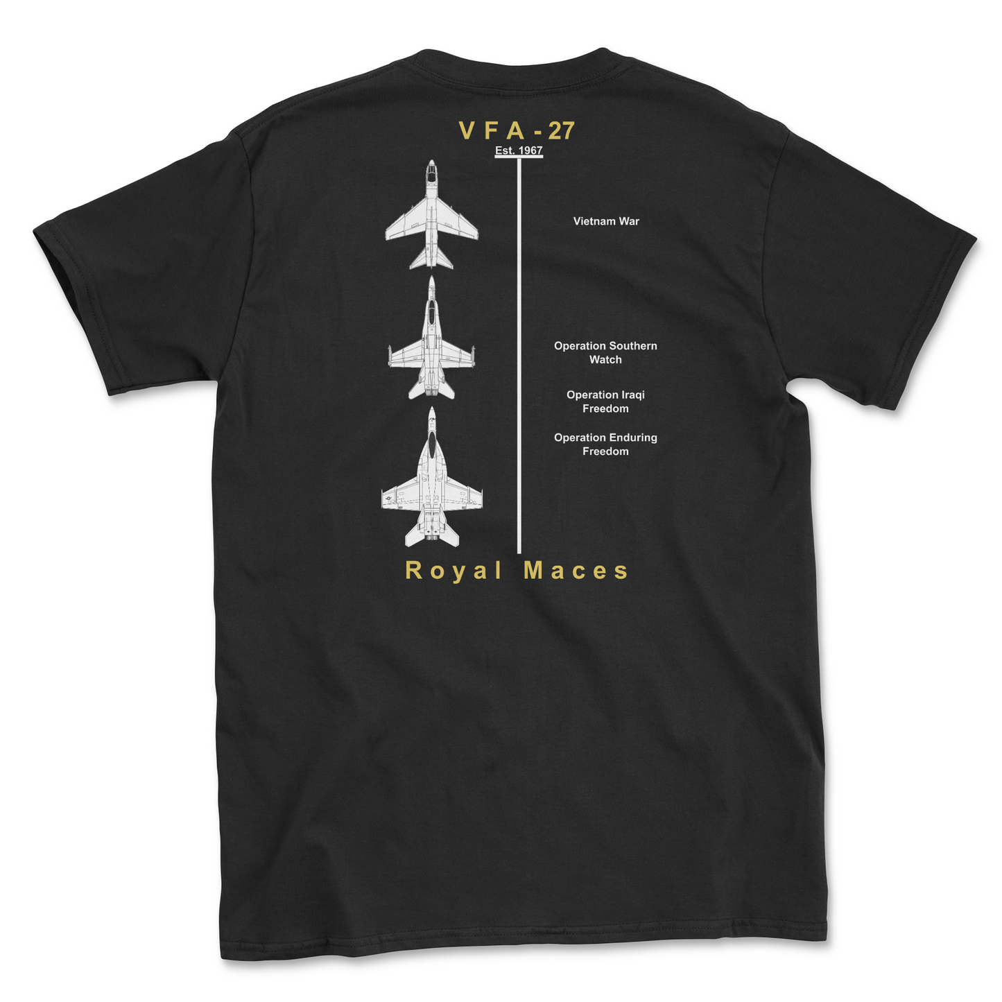 Black t-shirt with squadron aircraft and supported combat.