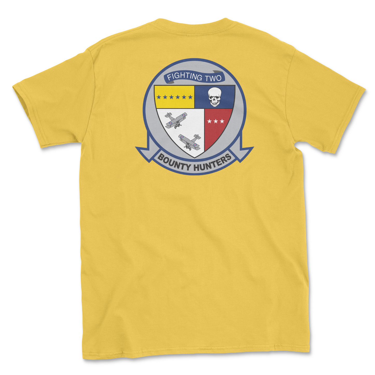 Yellow t-shirt with squadron patch.