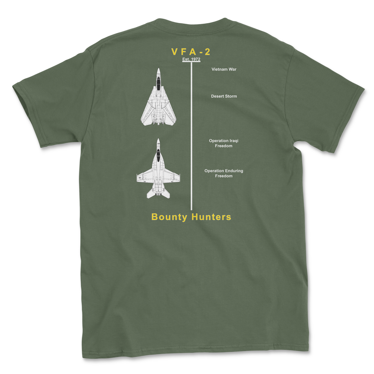 Military green t-shirt with squadron aircraft and supported combat.
