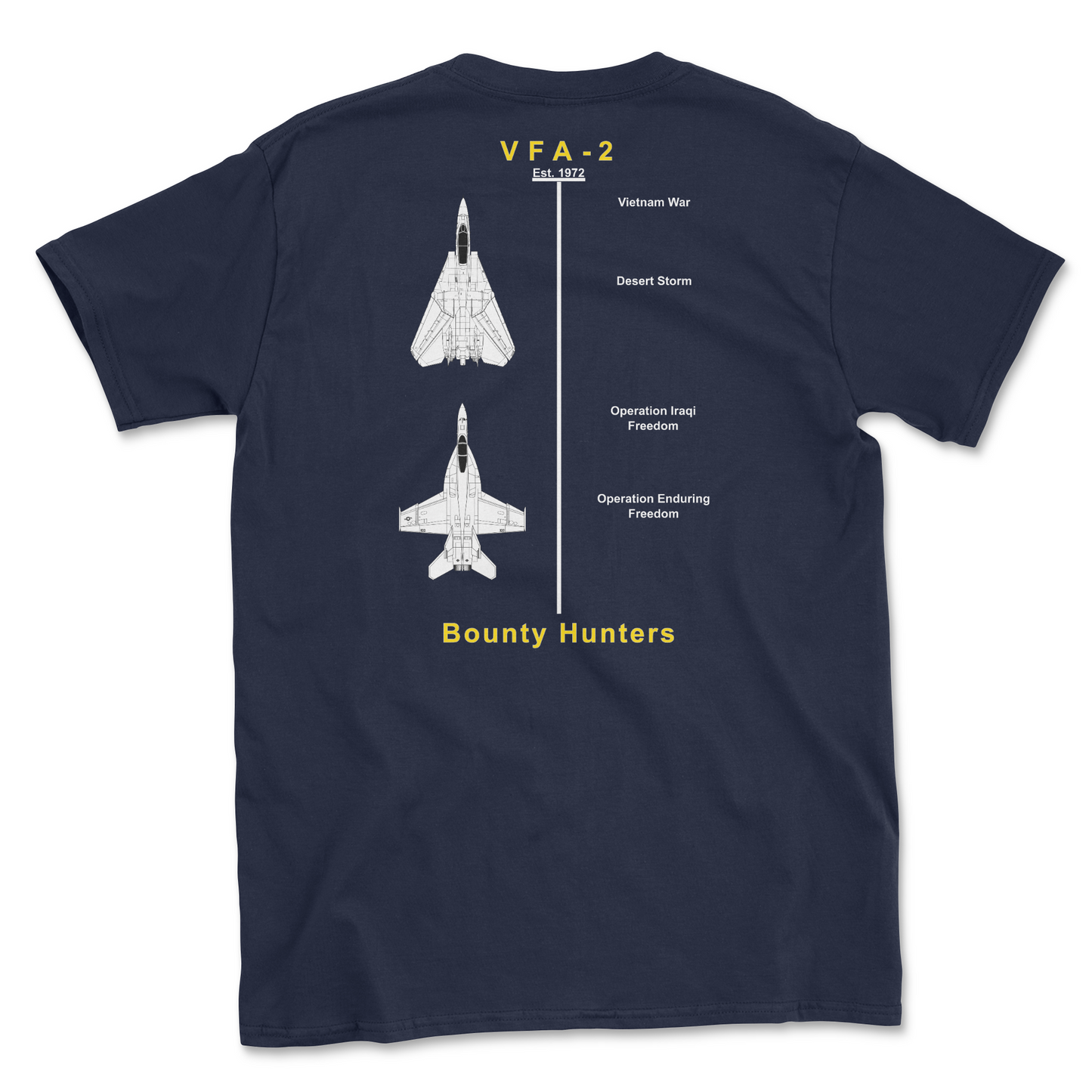 Navy blue t-shirt with squadron aircraft and supported combat.