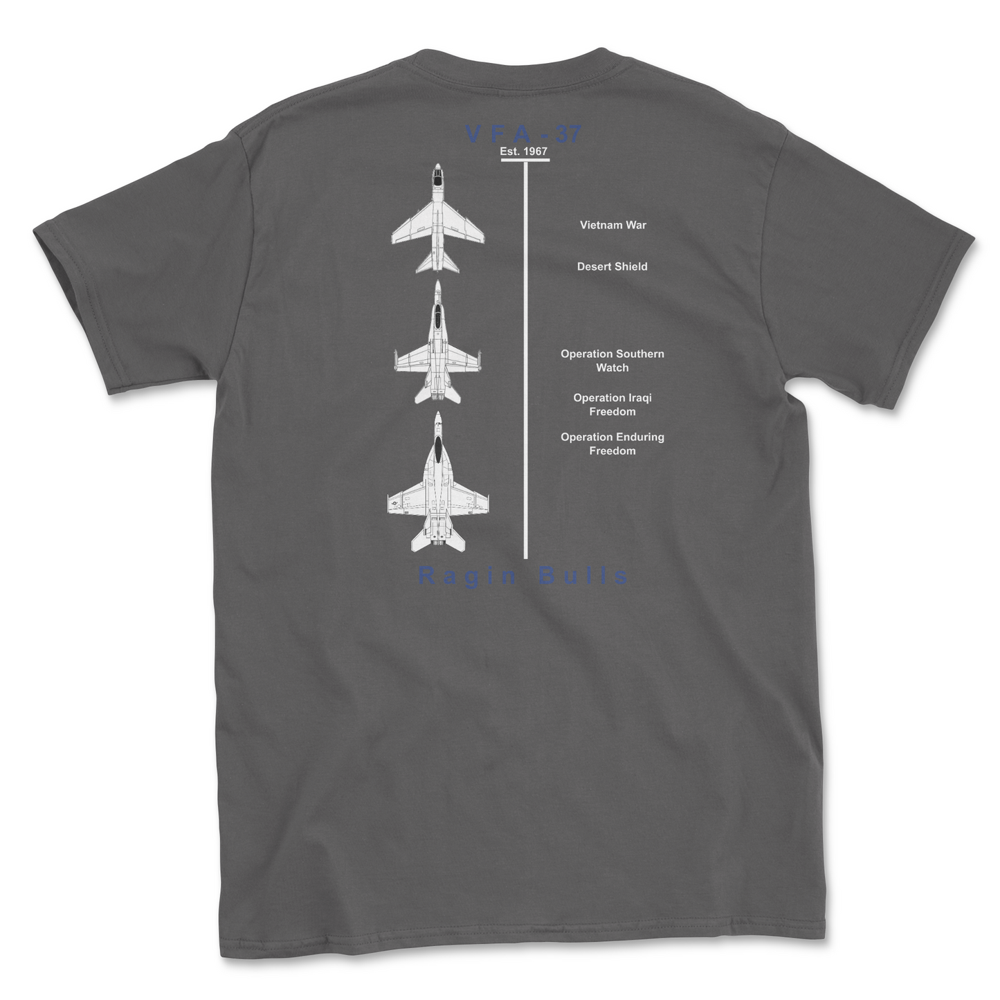 Charcoal t-shirt with squadron aircraft and supported combat.