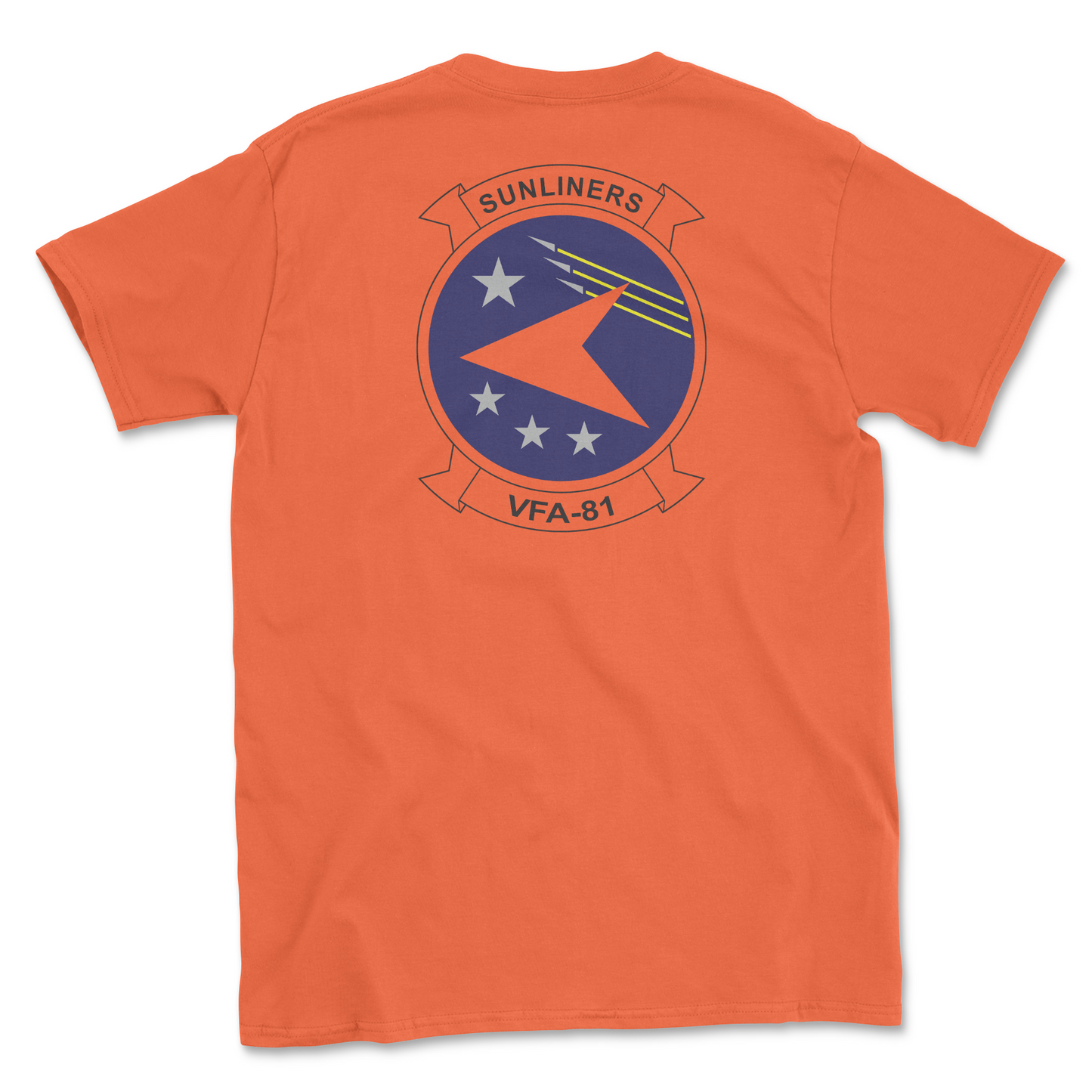 Orange t-shirt with squadron patch.