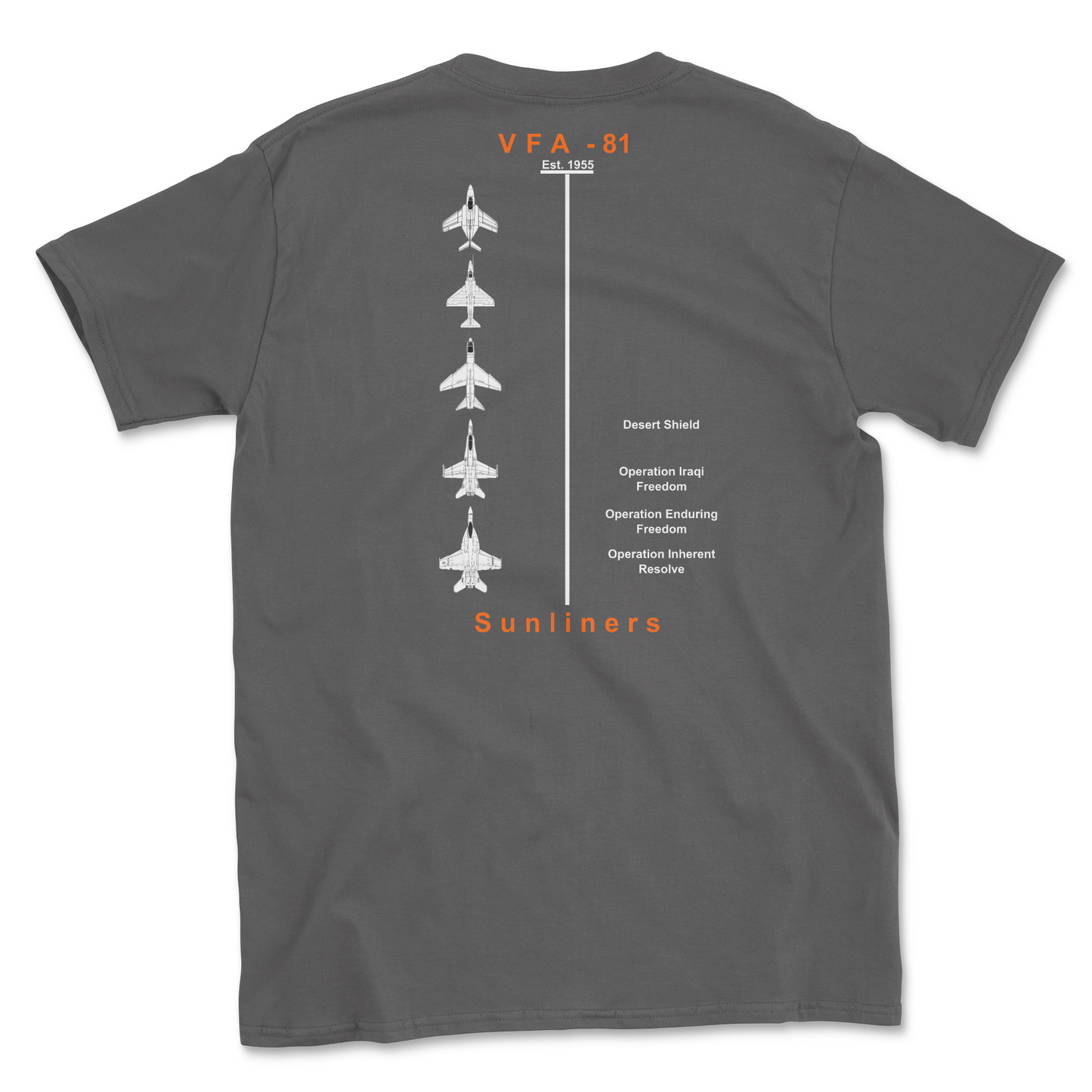 Charcoal t-shirt with squadron aircraft and supported combat.