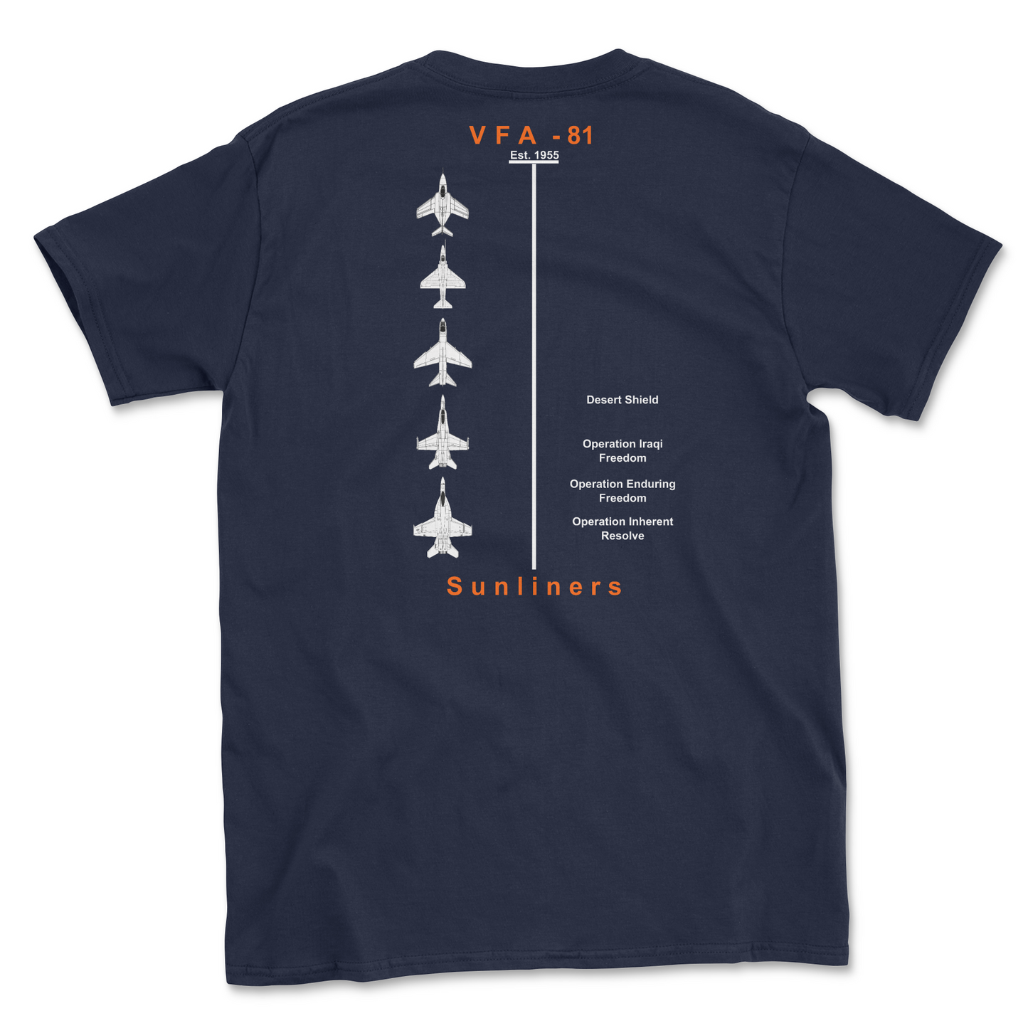 Navy blue t-shirt with squadron aircraft and supported combat.