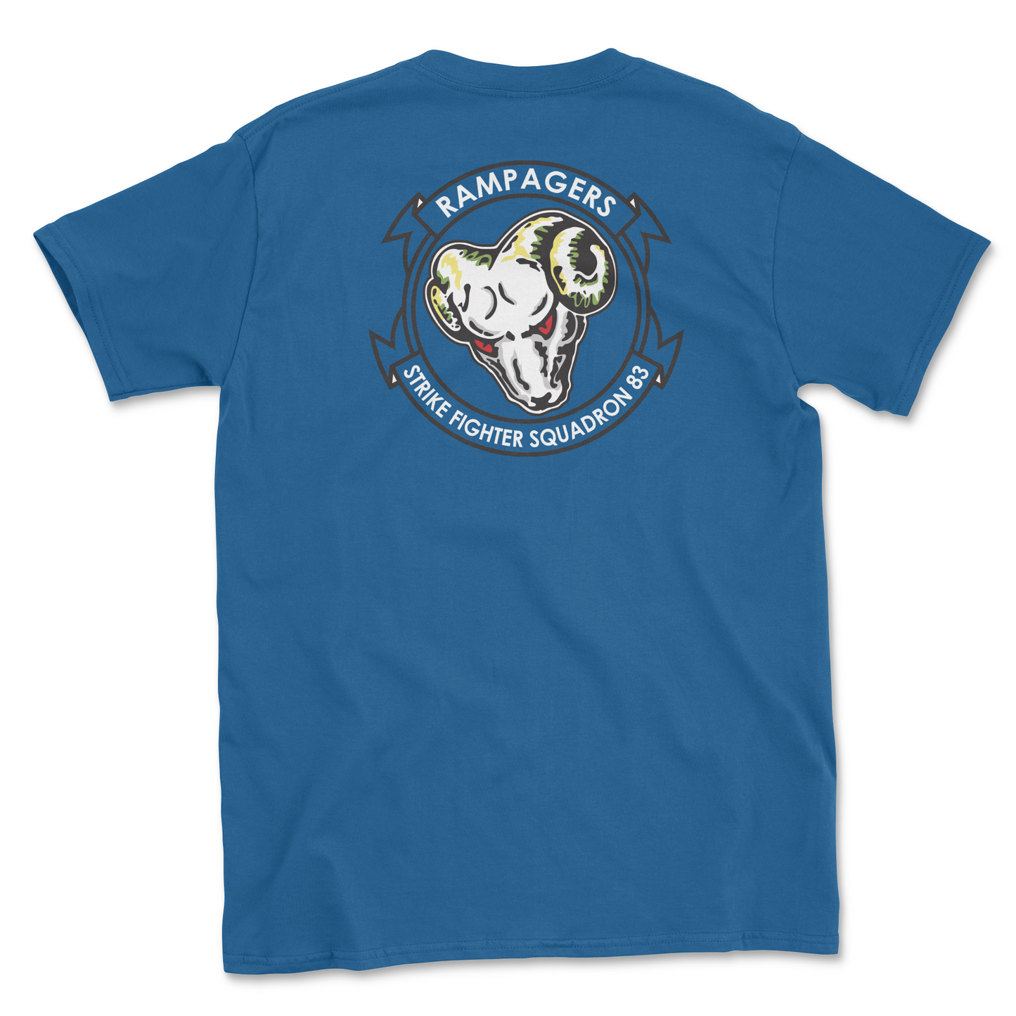 Royal blue t-shirt with squadron patch.