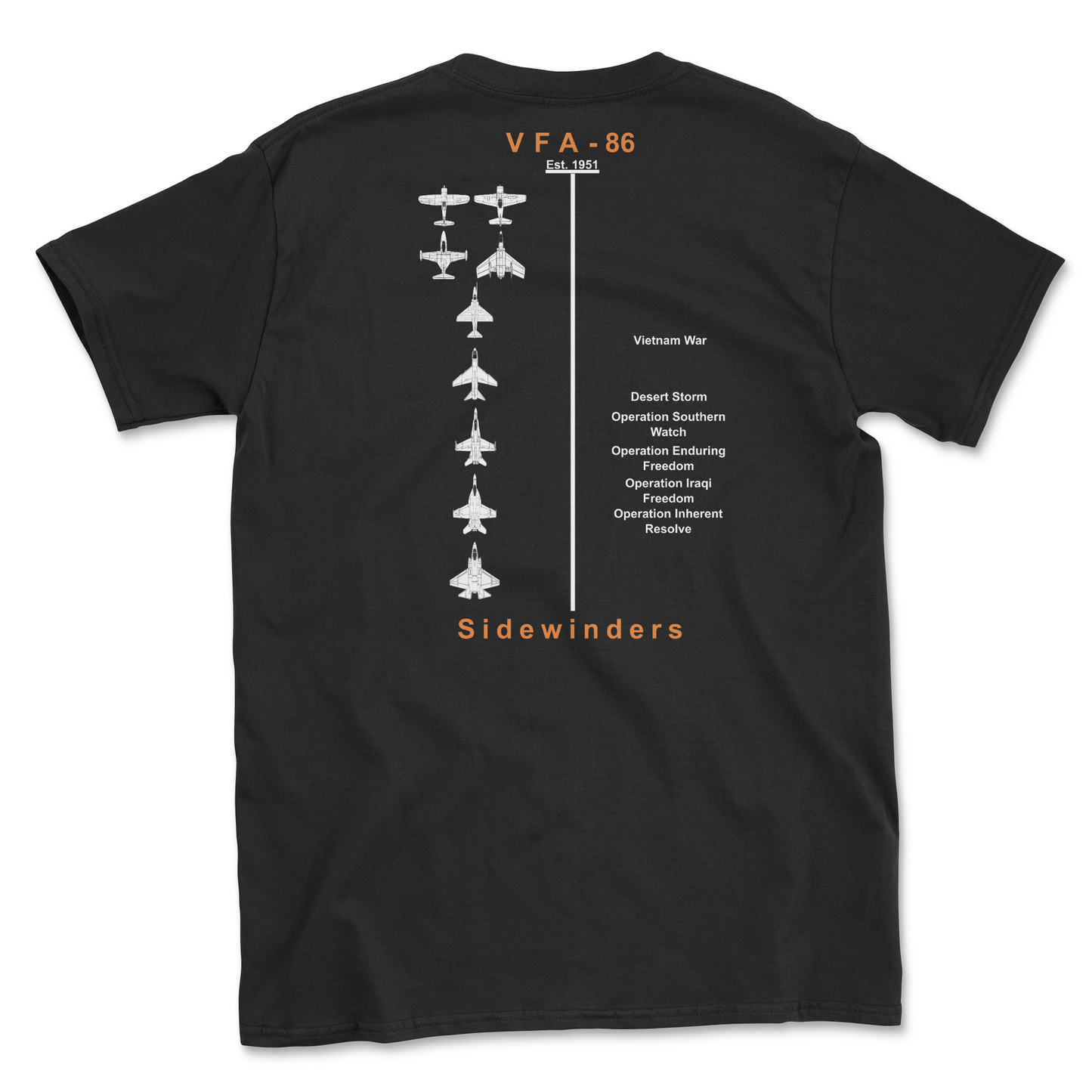 Black t-shirt with squadron aircraft and supported combat.