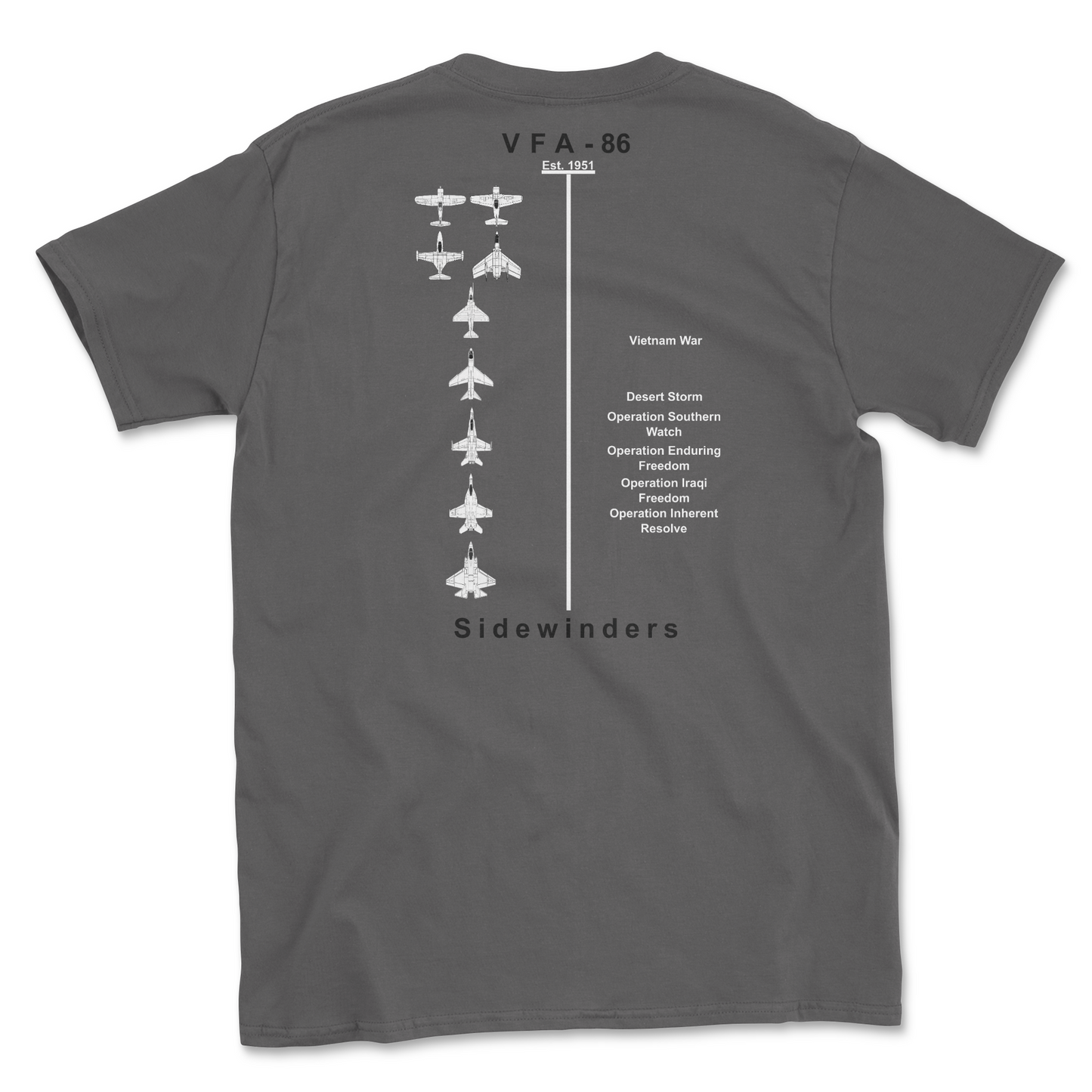 Charcoal t-shirt with squadron aircraft and supported combat.