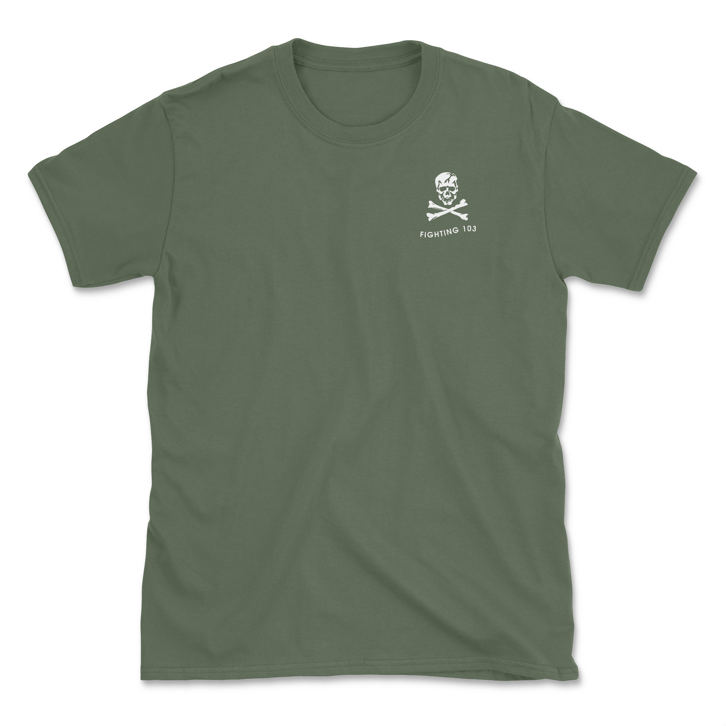 Military green t-shirt with squadron patch.