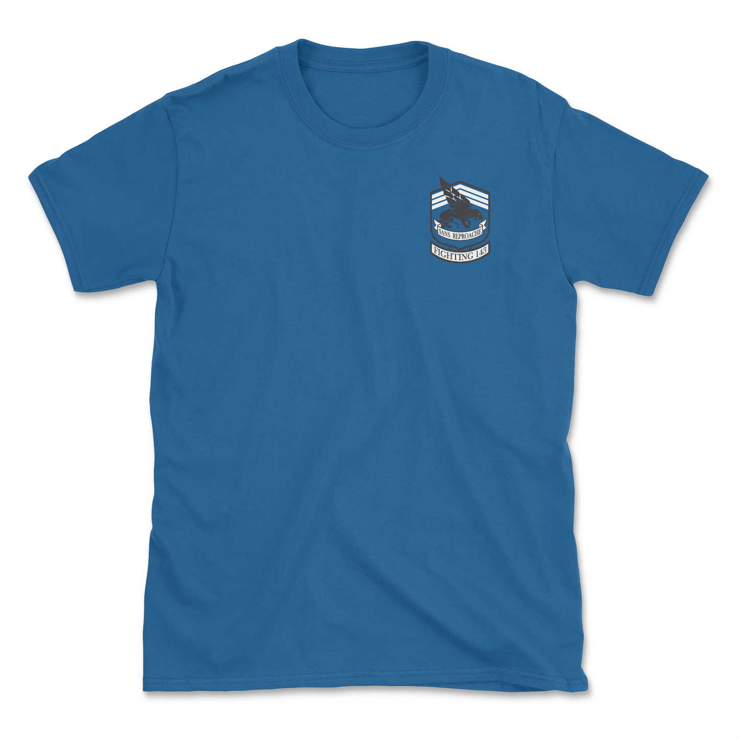 Royal blue t-shirt with squadron patch.