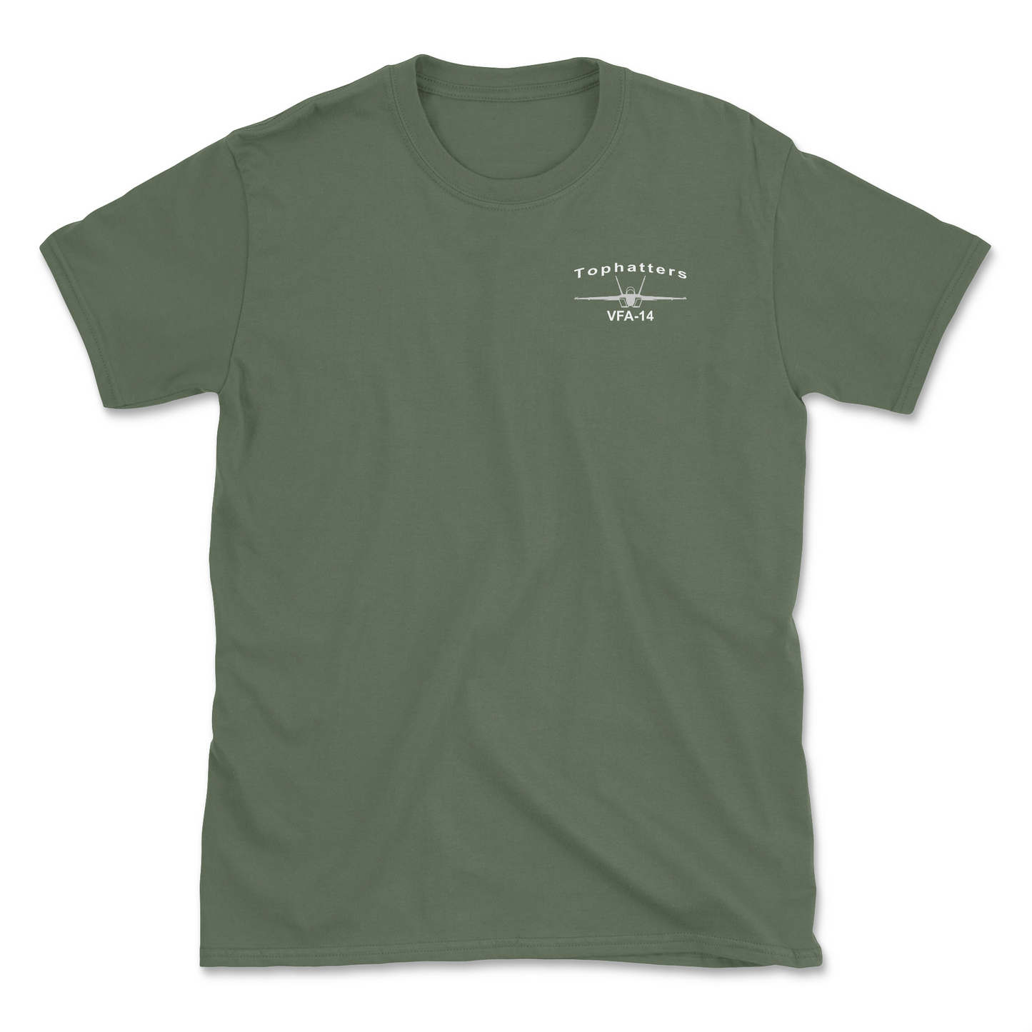 Military green t-shirt with an F/A-18 aircraft and squadron name.