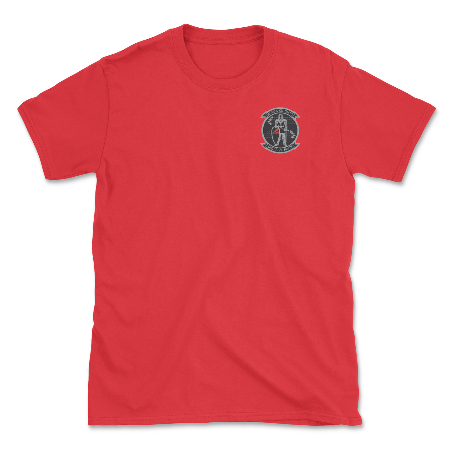 Red t-shirt with squadron patch.