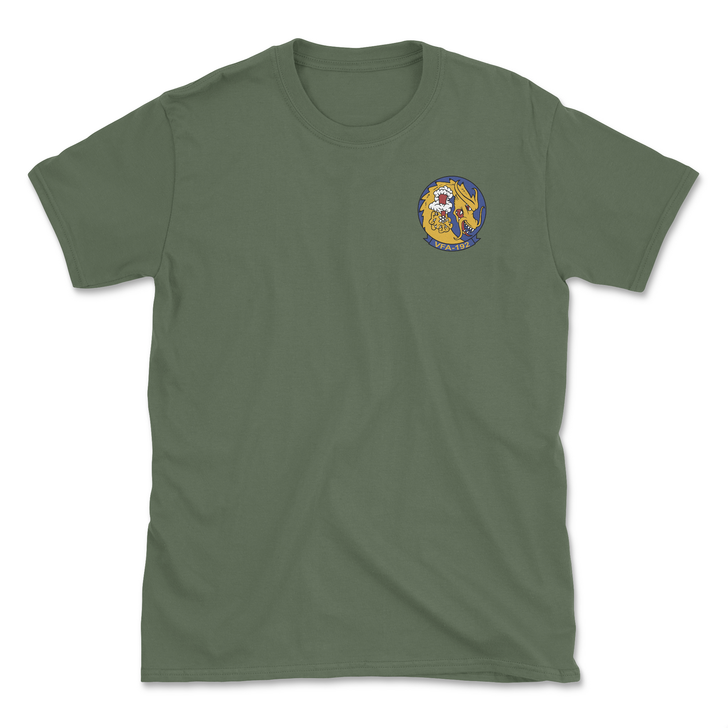 Military green t-shirt with squadron patch.