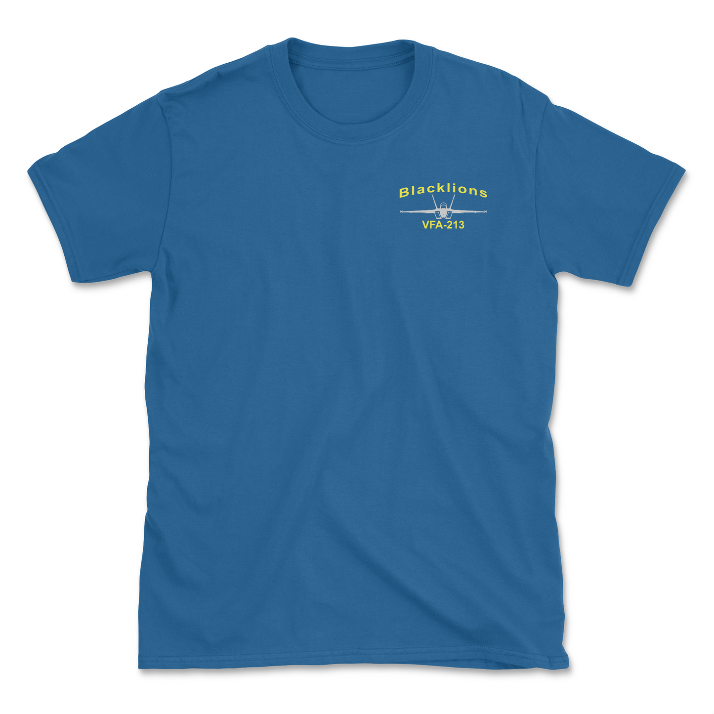 Royal blue t-shirt with an F/A-18 aircraft and squadron name.