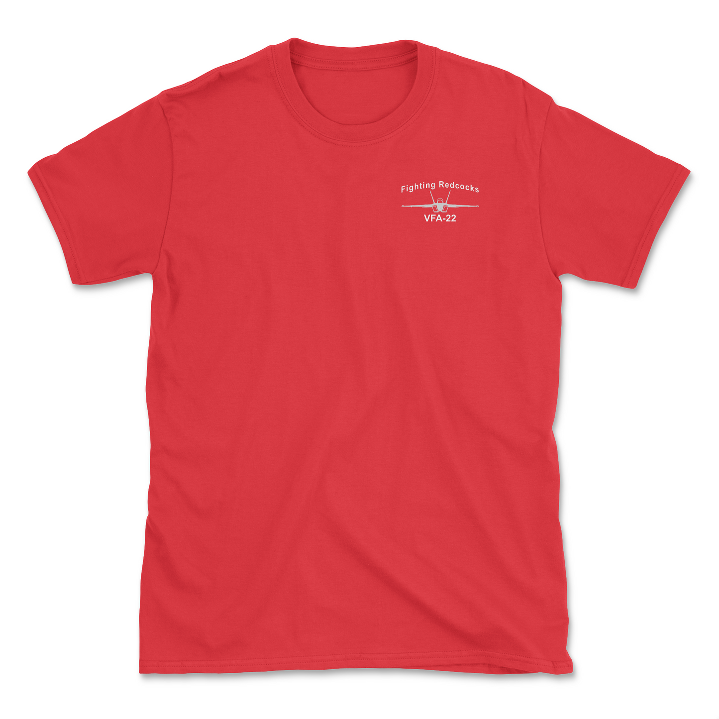 Red t-shirt with an F/A-18 aircraft and squadron name.