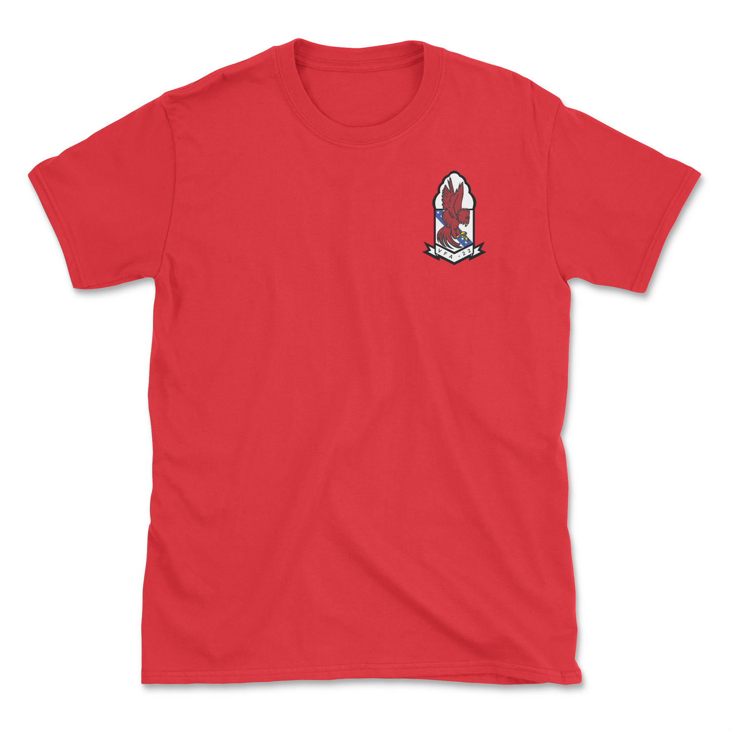 Red t-shirt with squadron patch.