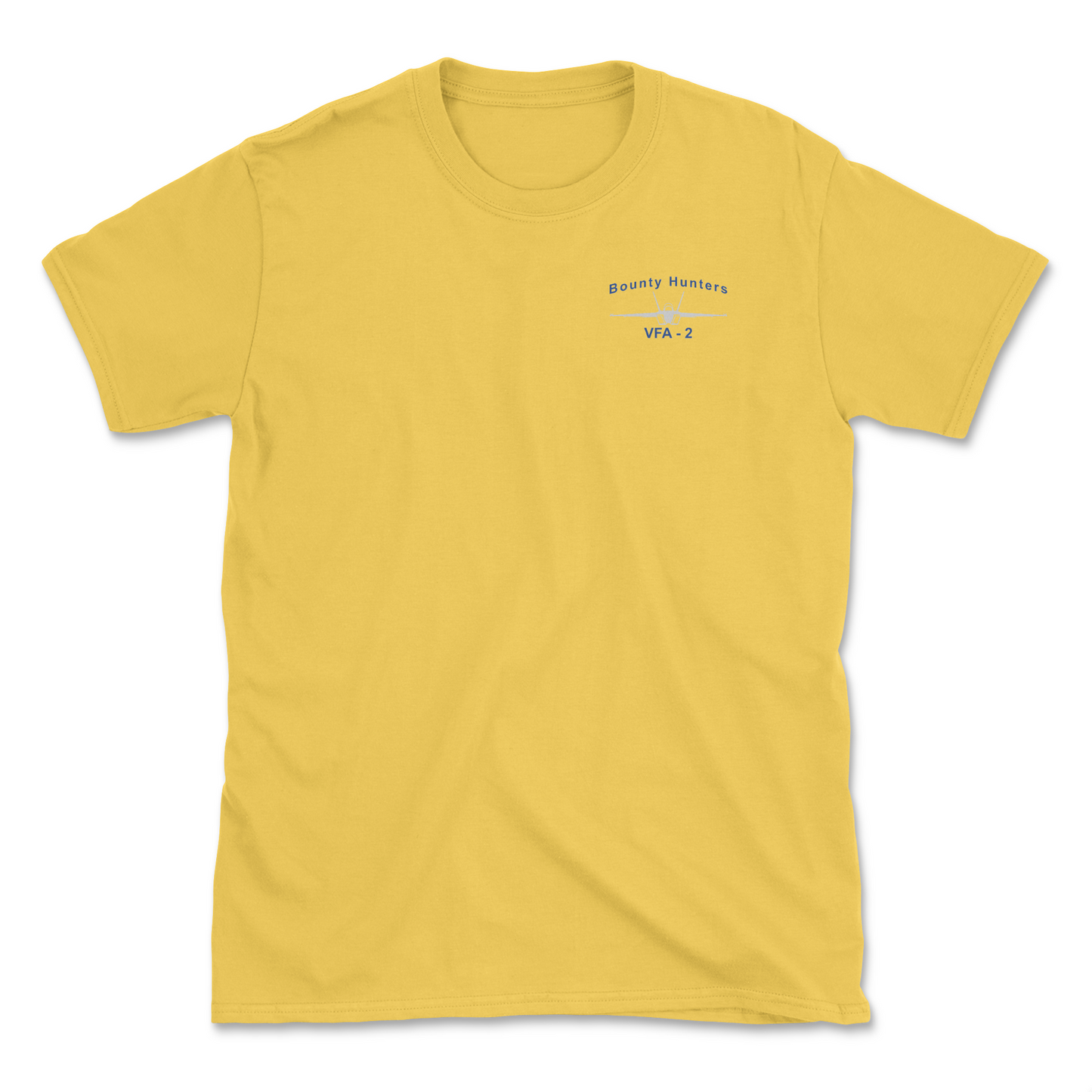 Yellow t-shirt with an F/A-18 aircraft and squadron name.