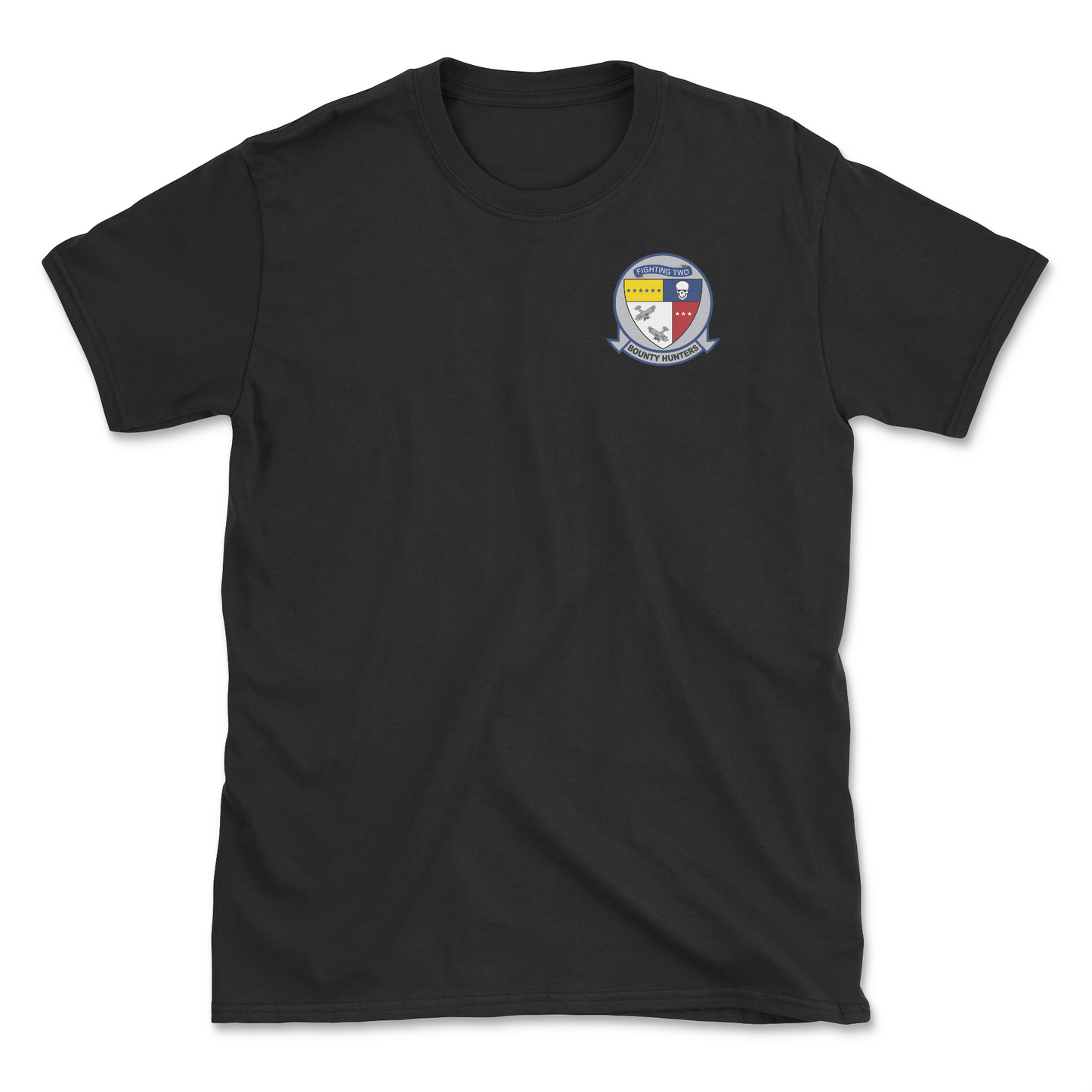 Black t-shirt with squadron patch.