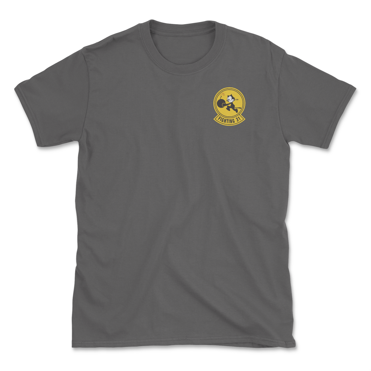 Charcoal t-shirt with squadron patch.