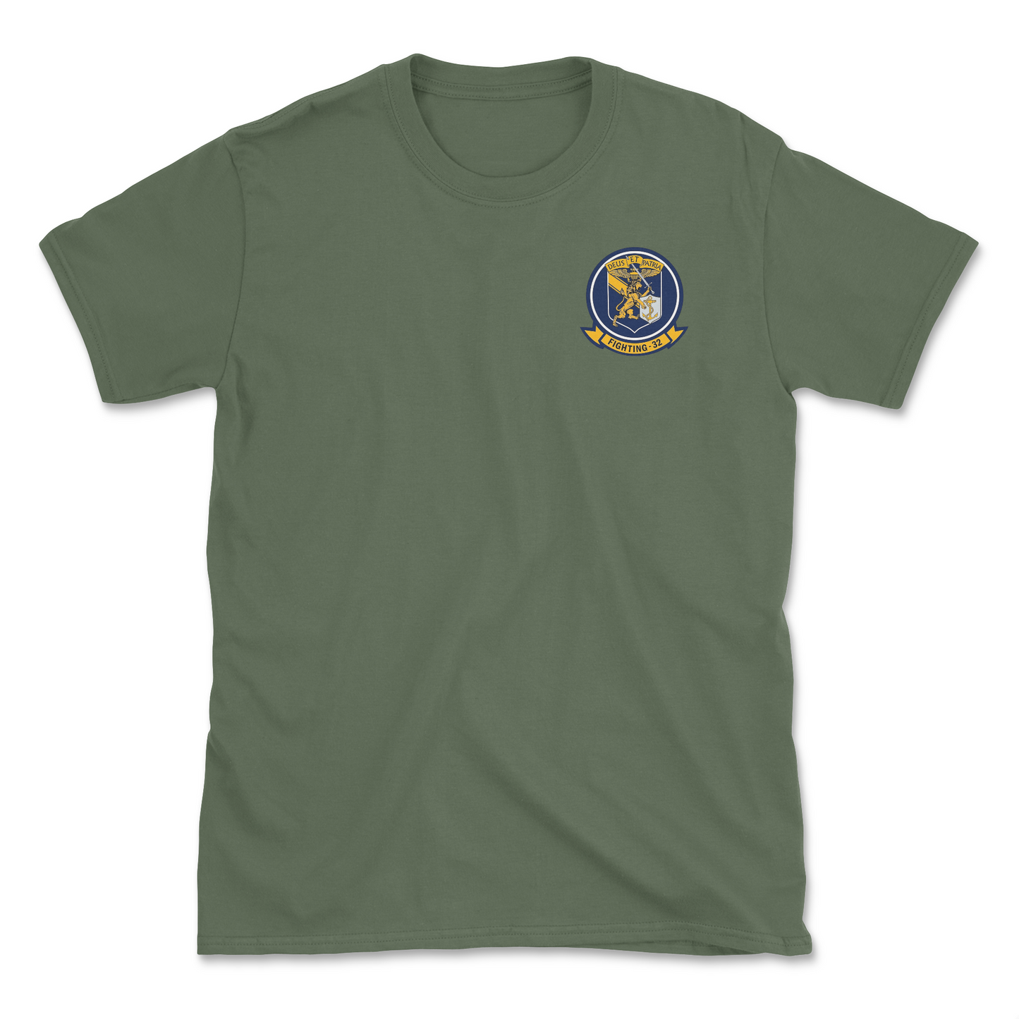 Military green t-shirt with squadron patch.