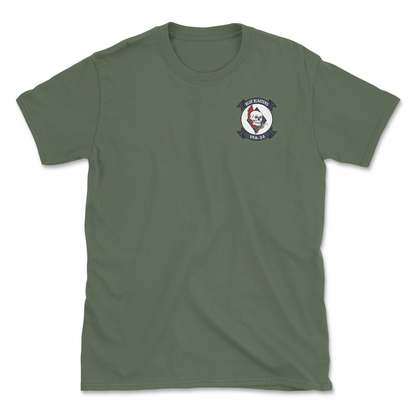 Military green t-shirt with squadron patch.