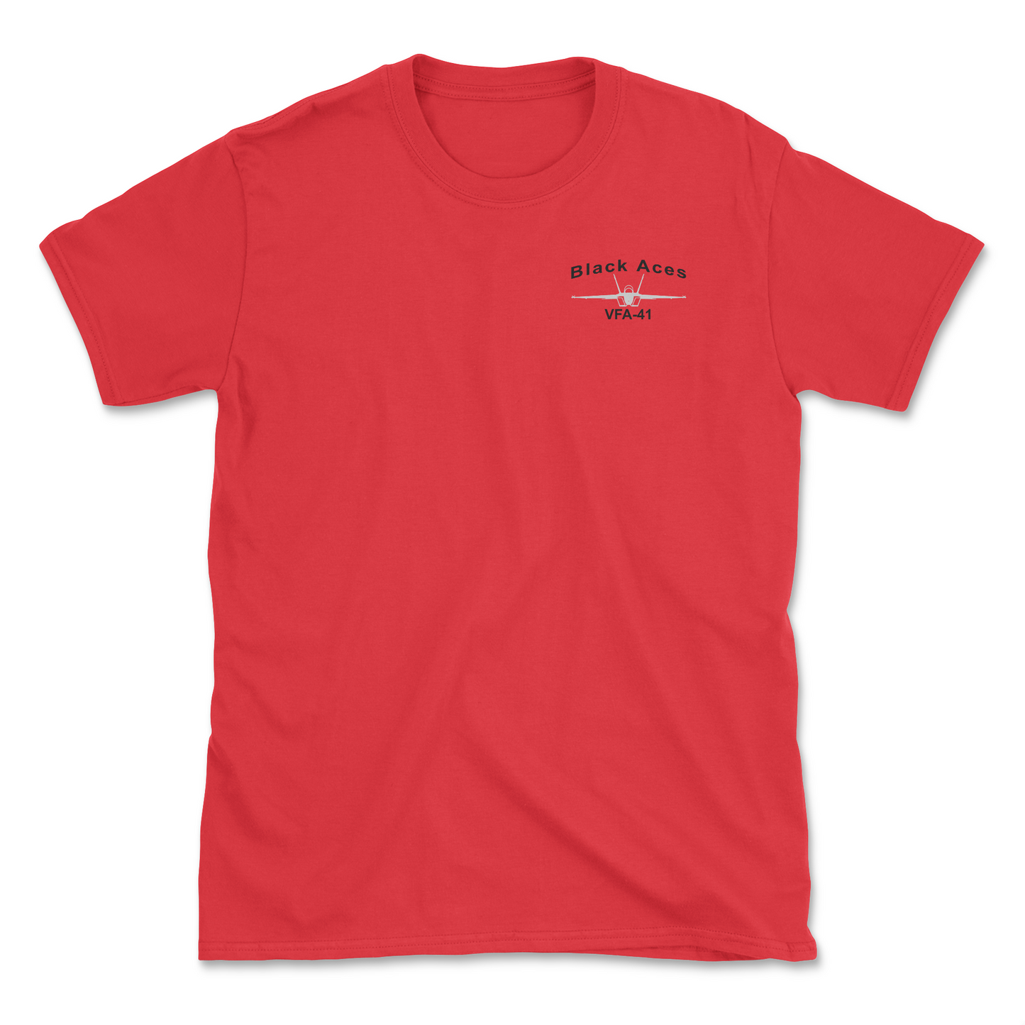 Red t-shirt with an F/A-18 aircraft and squadron name.