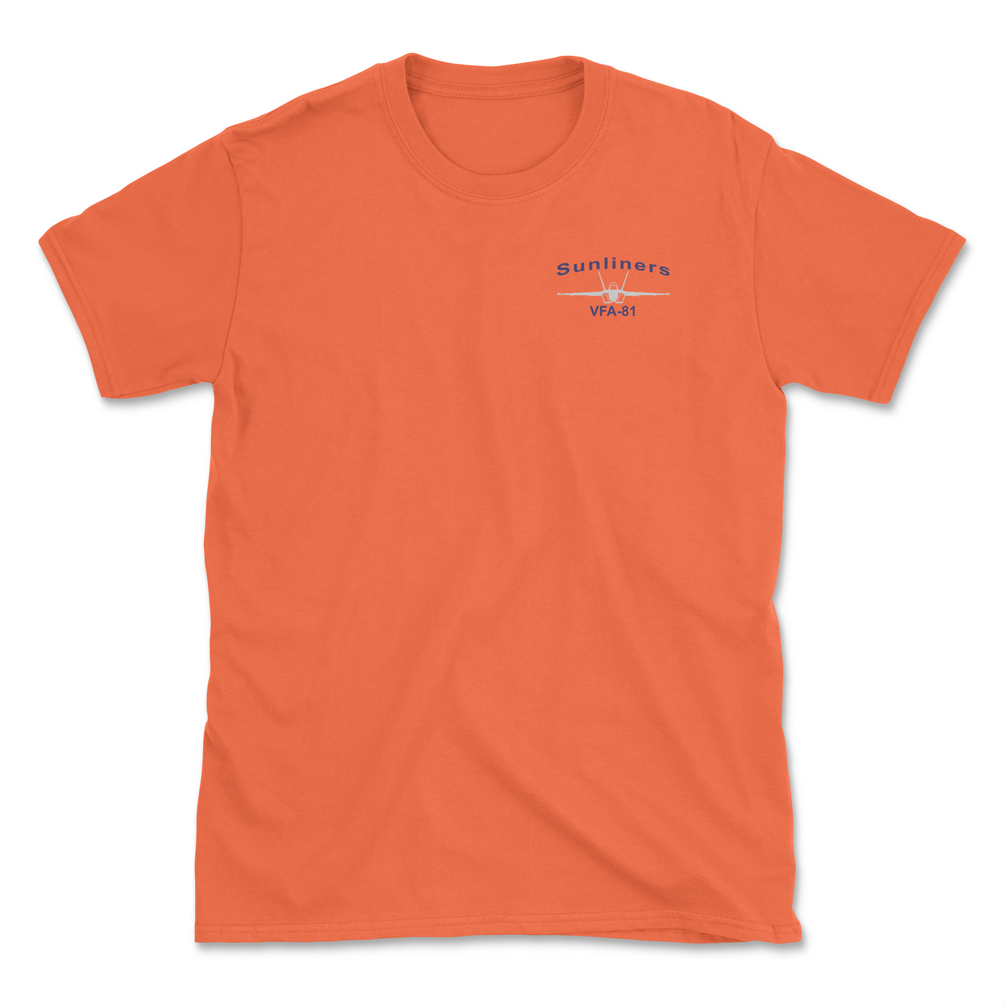 Orange t-shirt with an F/A-18 aircraft and squadron name.