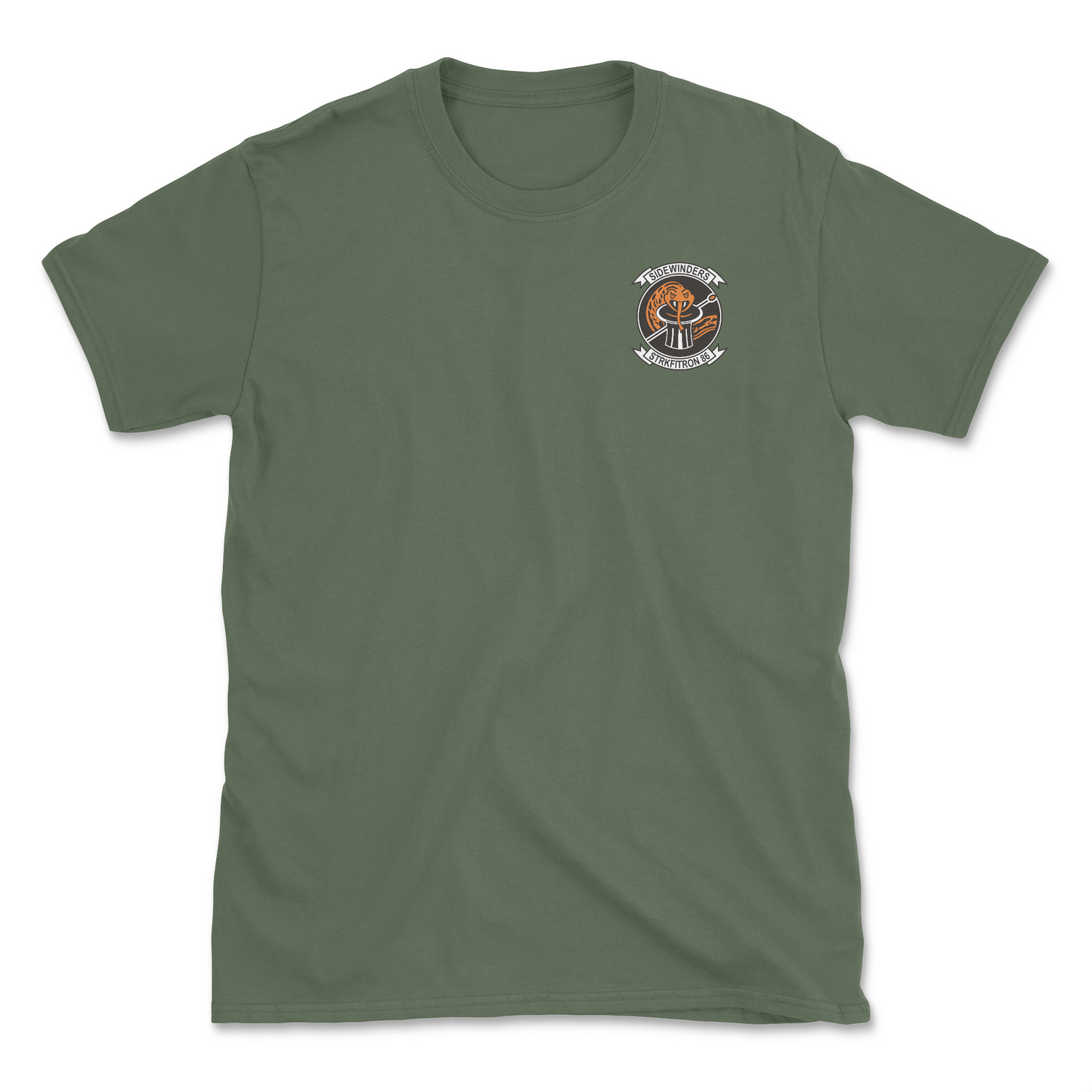Military green t-shirt with squadron patch.