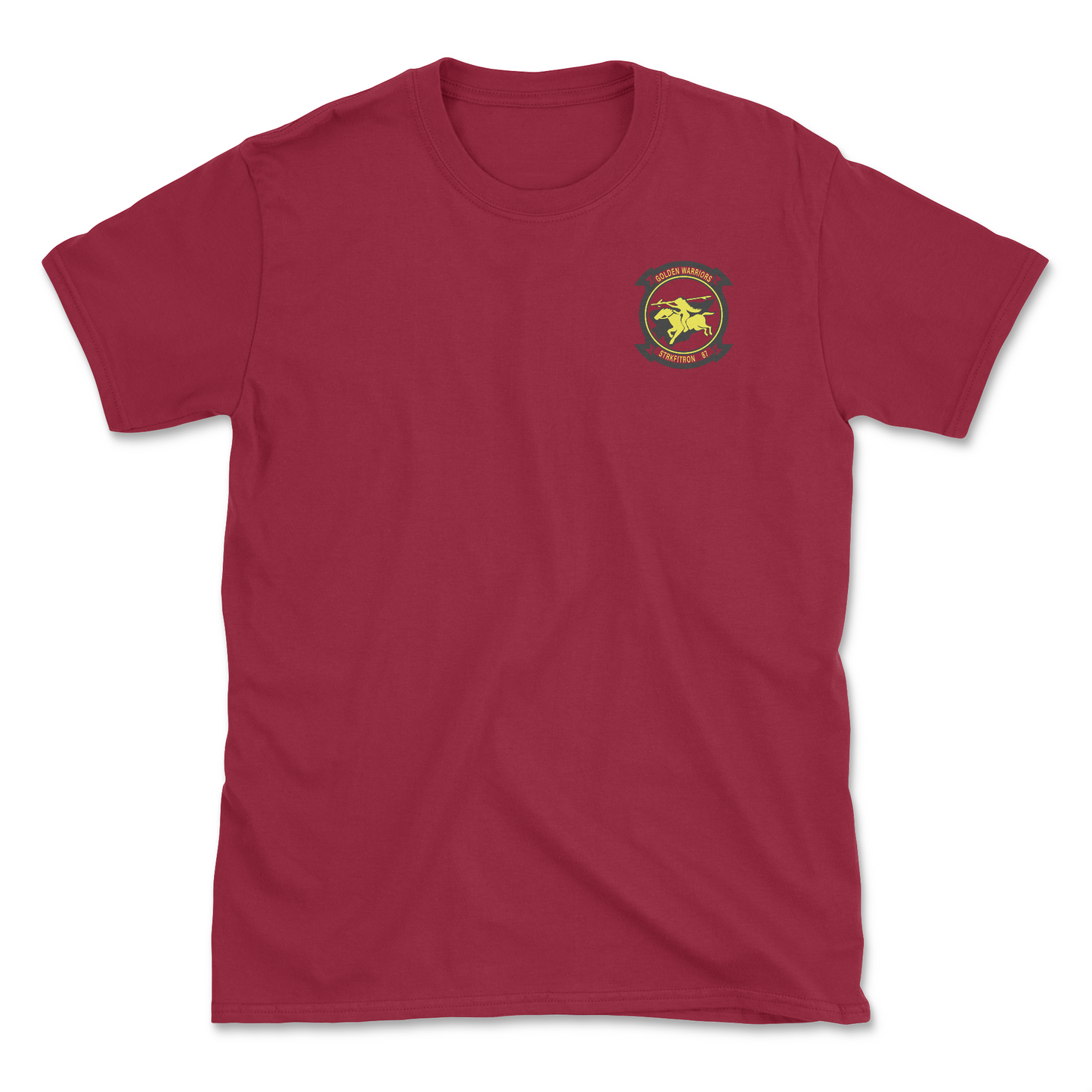 Red t-shirt with squadron patch.