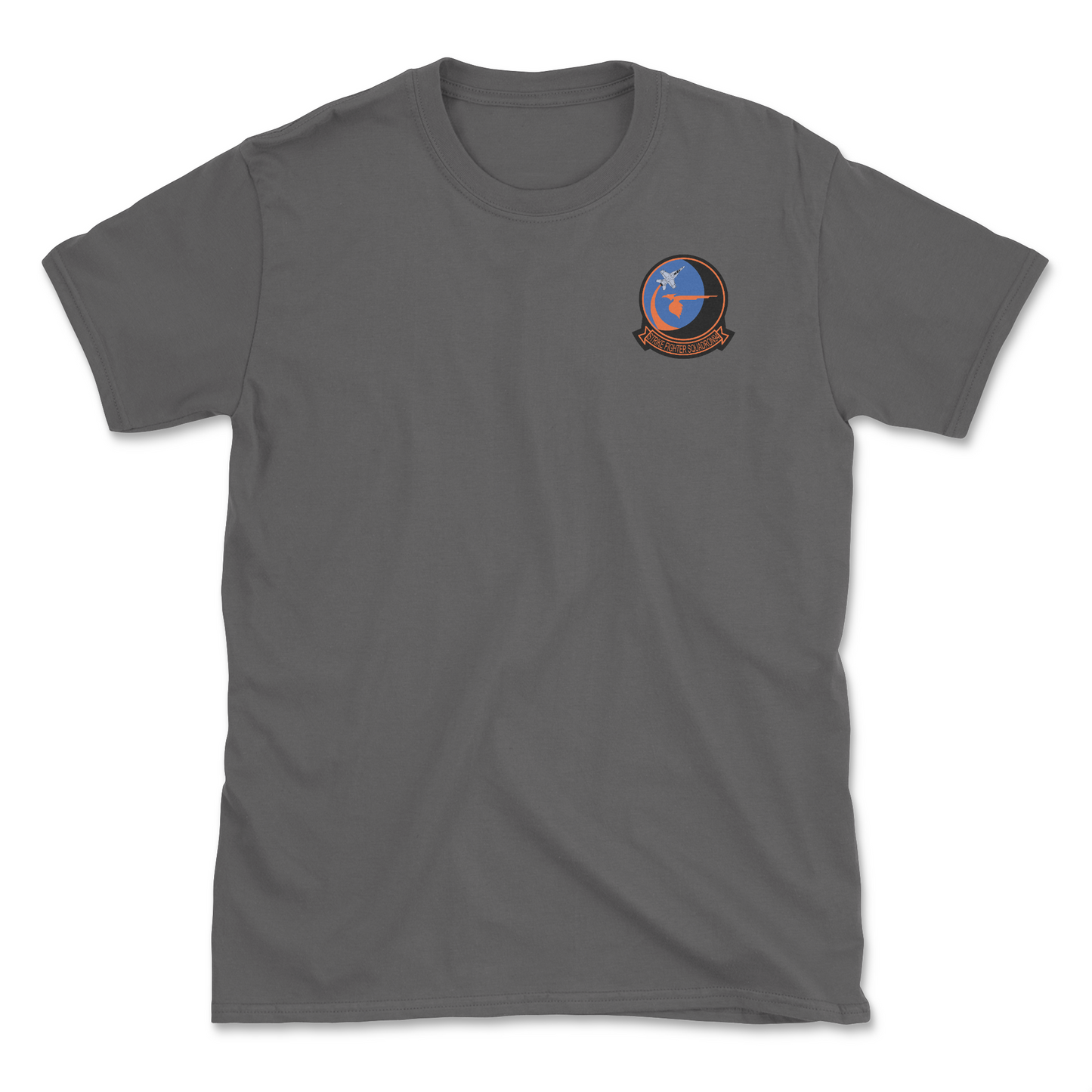 Charcoal t-shirt with squadron patch.