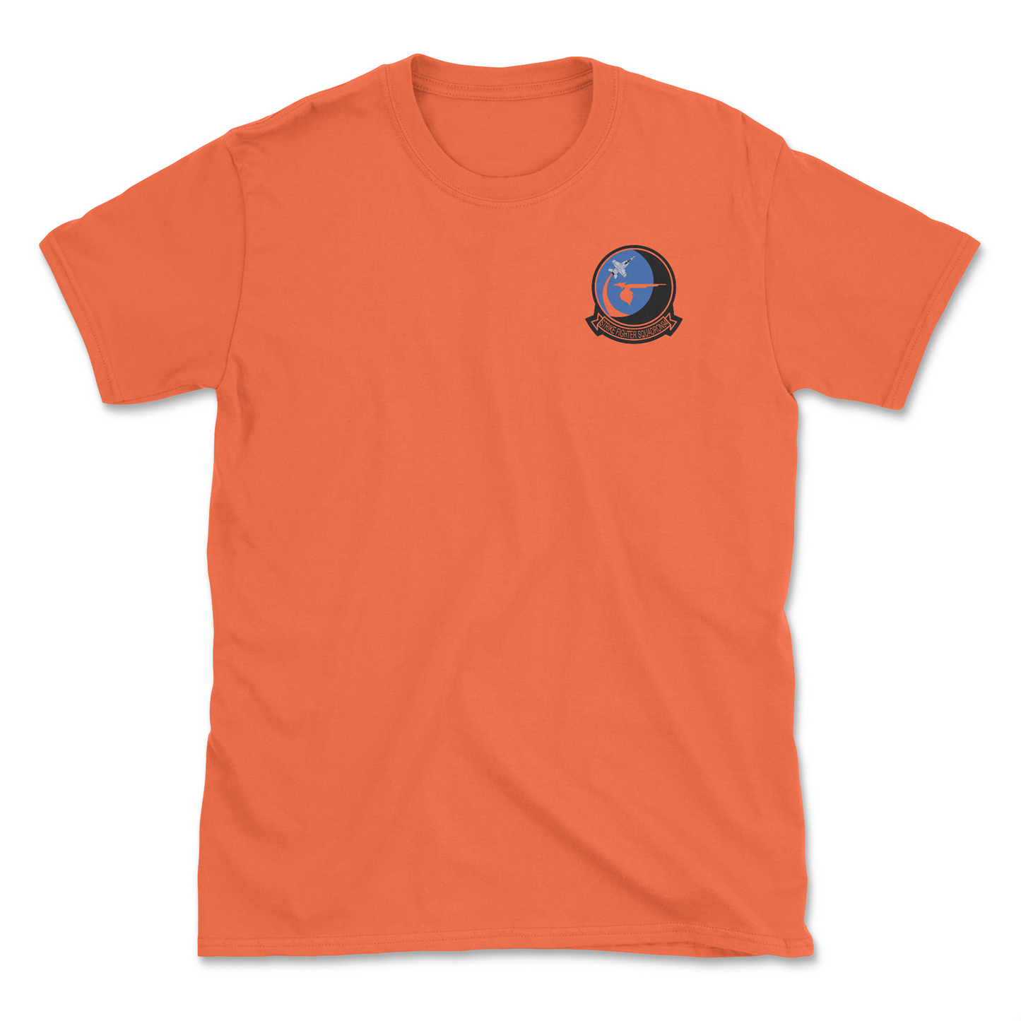 Orange t-shirt with squadron patch.