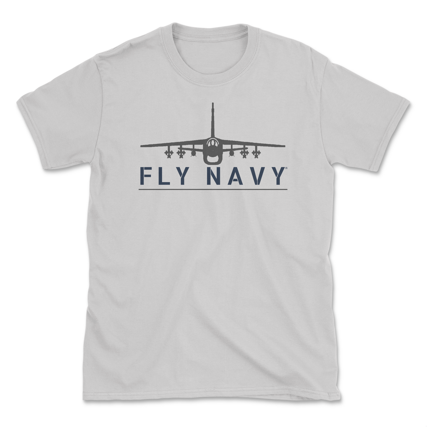 A light grey-colored t-shirt with 'FLY NAVY' text and a graphic of the A-7 Corsair II aircraft.