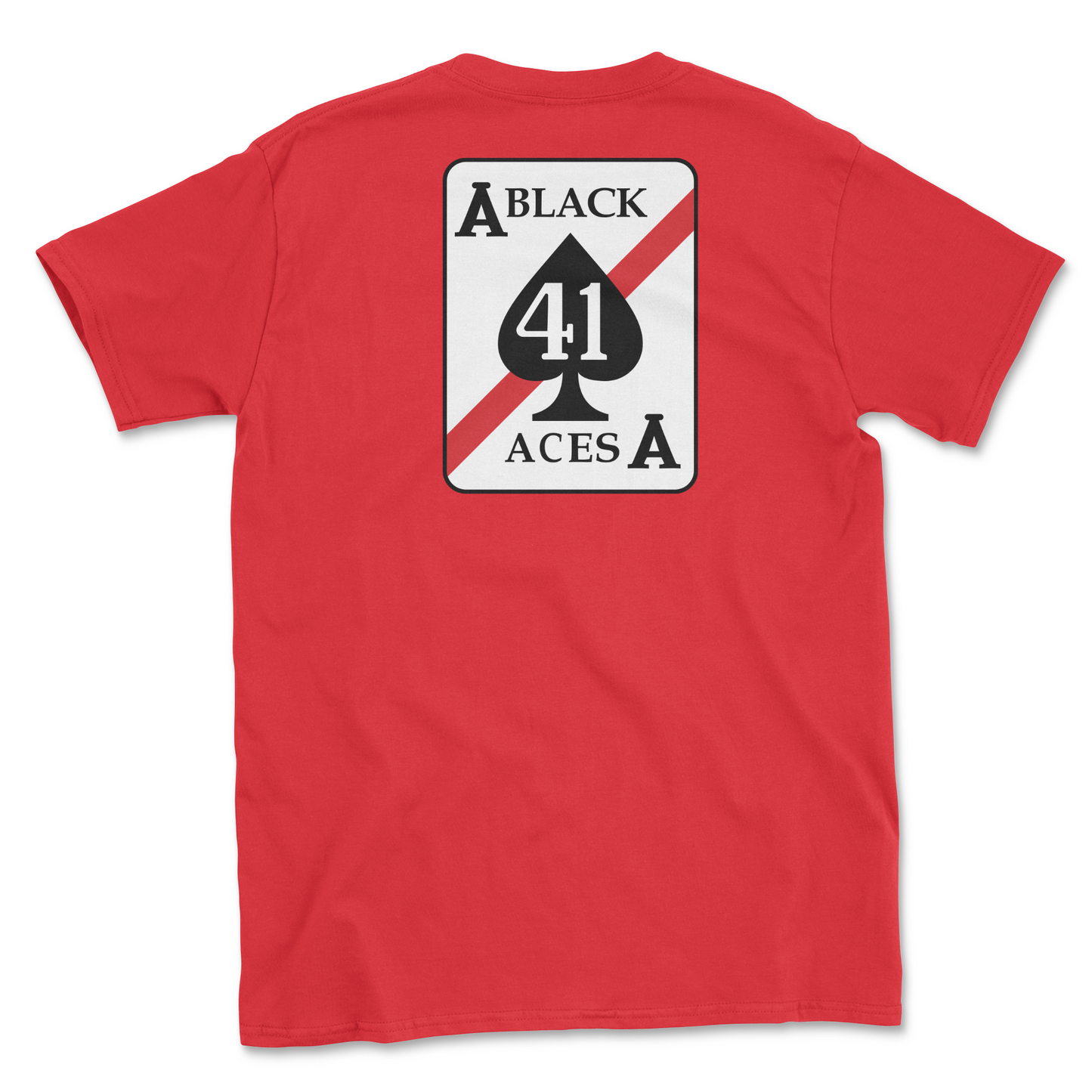 Red t-shirt with squadron patch.