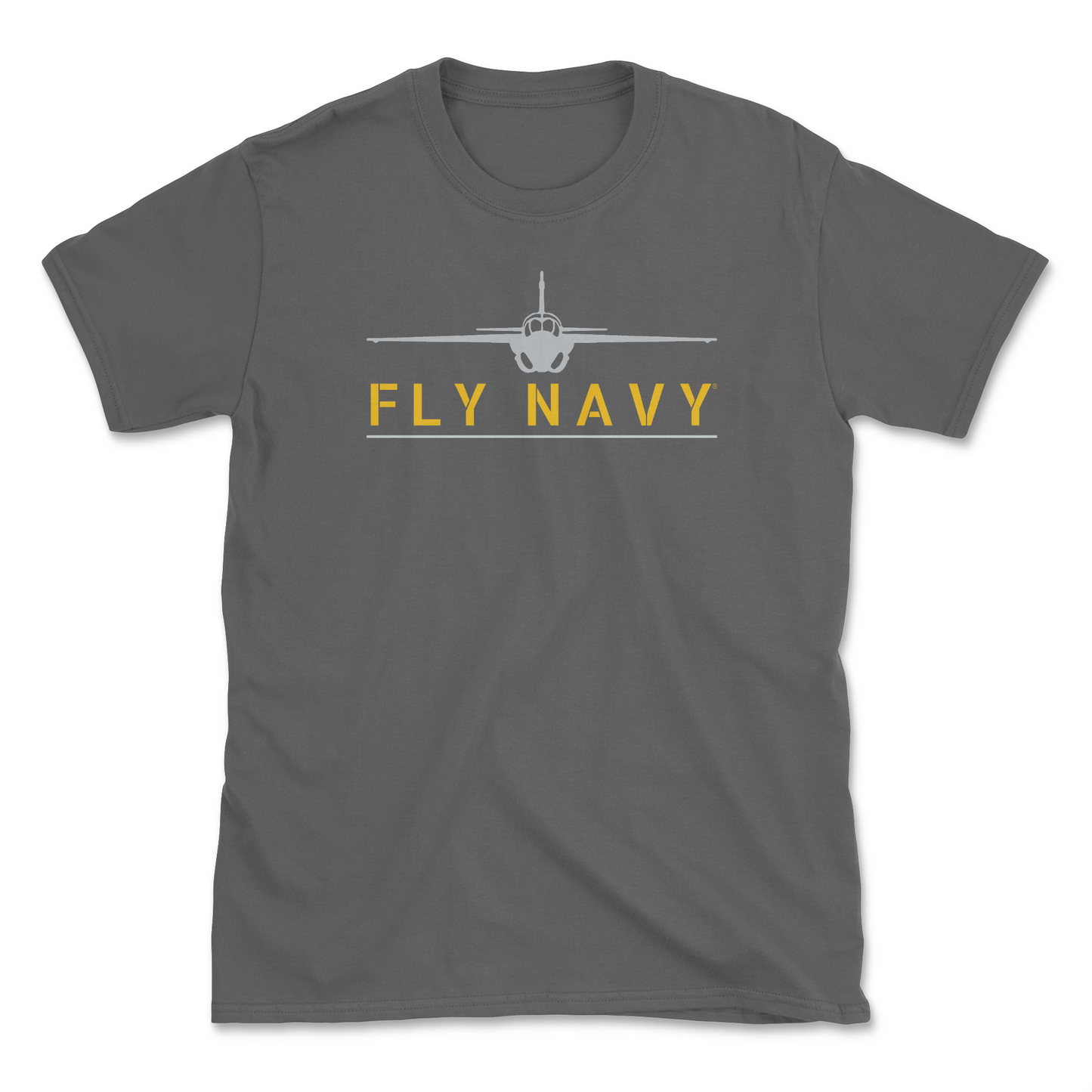 A charcoal-colored t-shirt with 'FLY NAVY' text and a graphic of the A-6 Intruder aircraft.