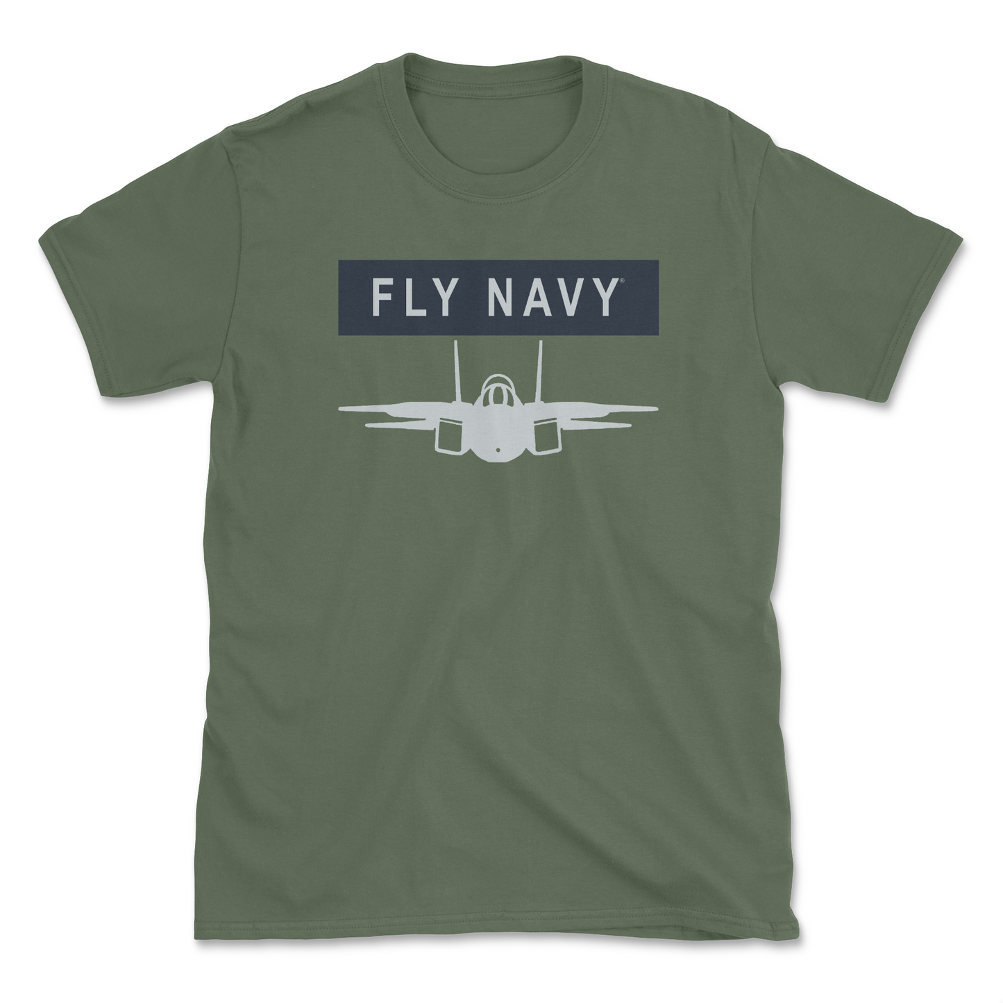 A military green-colored t-shirt with 'FLY NAVY' text and a graphic of the F-14 Tomcat aircraft.