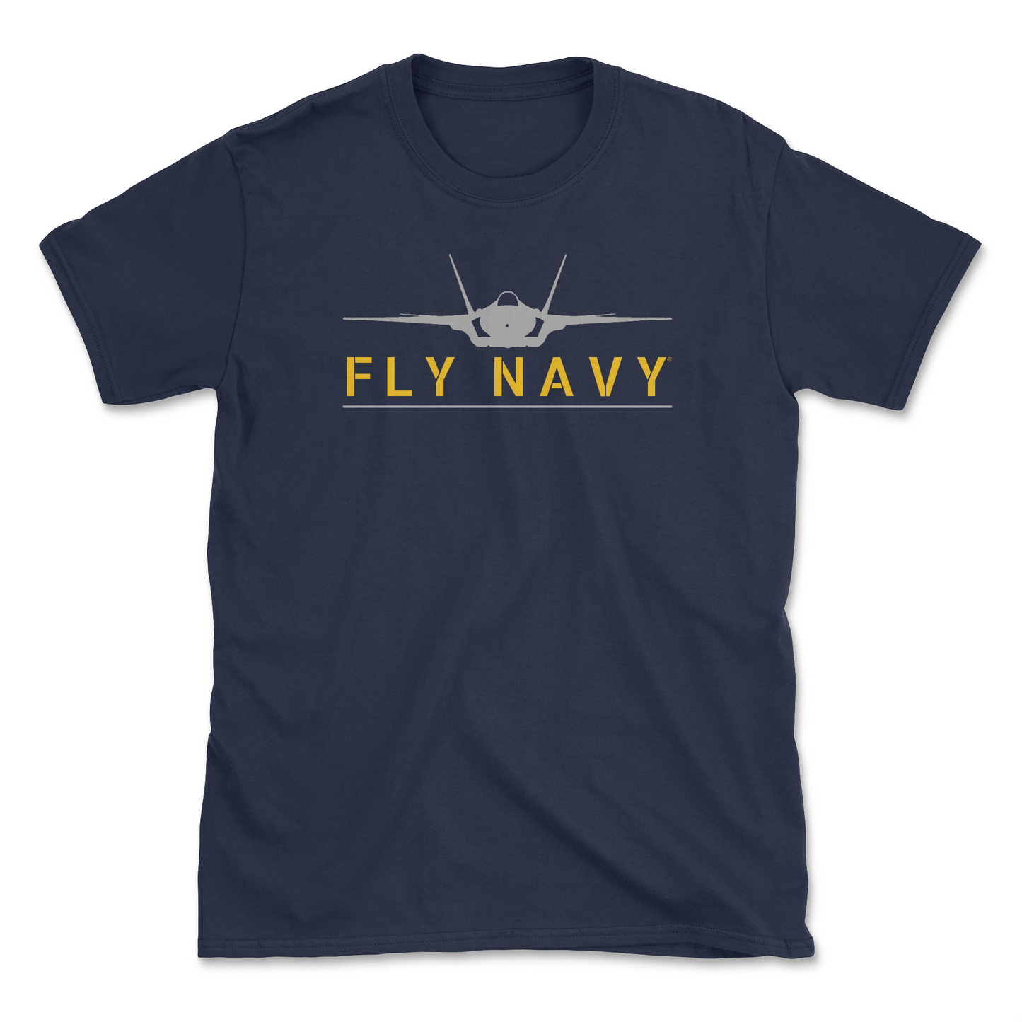 A navy blue-colored t-shirt with 'FLY NAVY' text and a graphic of the F-35 Lightening II aircraft.