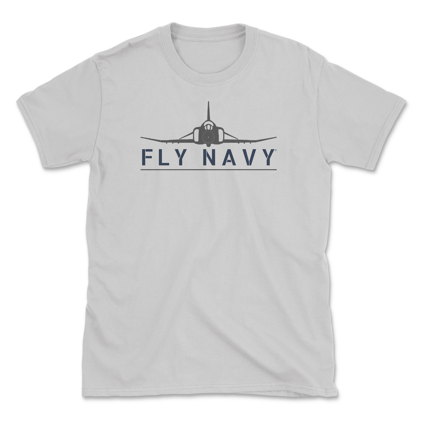 A light grey-colored t-shirt with 'FLY NAVY' text and a graphic of the F-4 Phantom II aircraft.